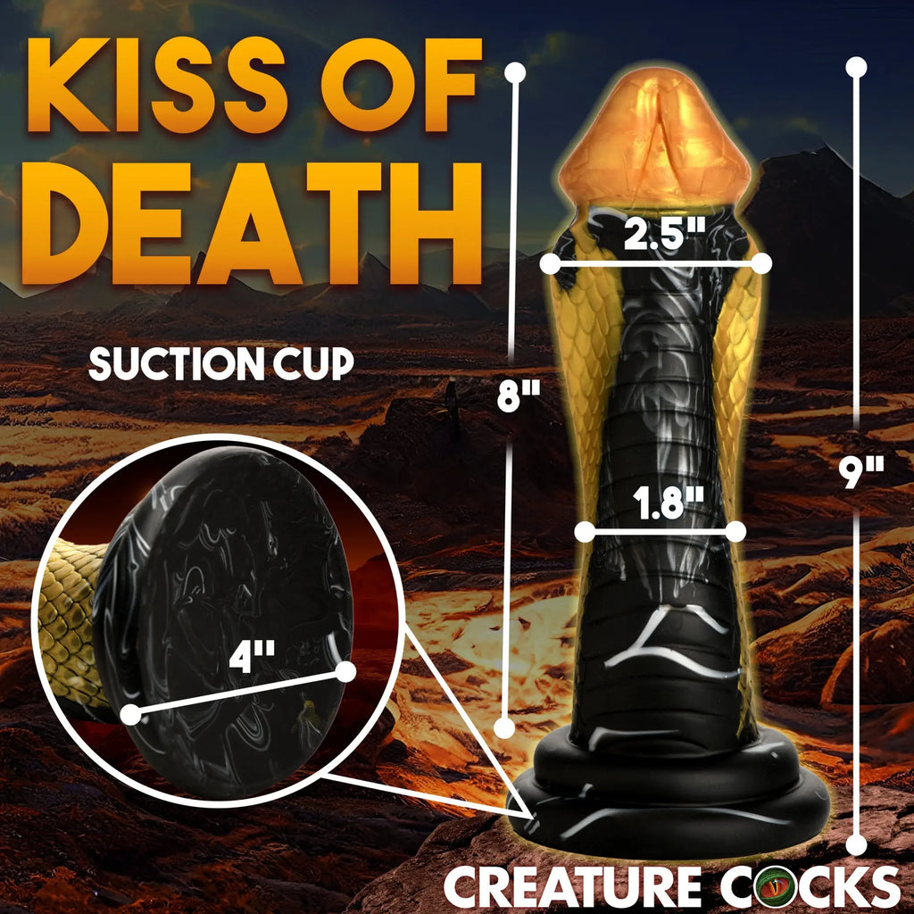 Creature Cocks Golden Mamba silicone dildo featuring a black and gold snake-head design with suction cup base and specs.