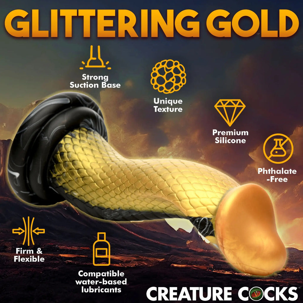 Creature Cocks Golden Mamba dildo with gold snake-scale texture, black suction base, and labeled product features.