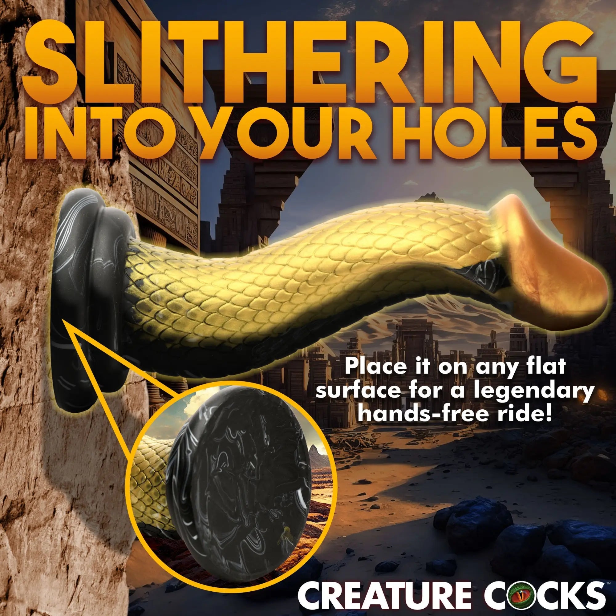 Creature Cocks Golden Mamba silicone dildo featuring a gold snake-scale texture, black suction cup base, and desert theme.