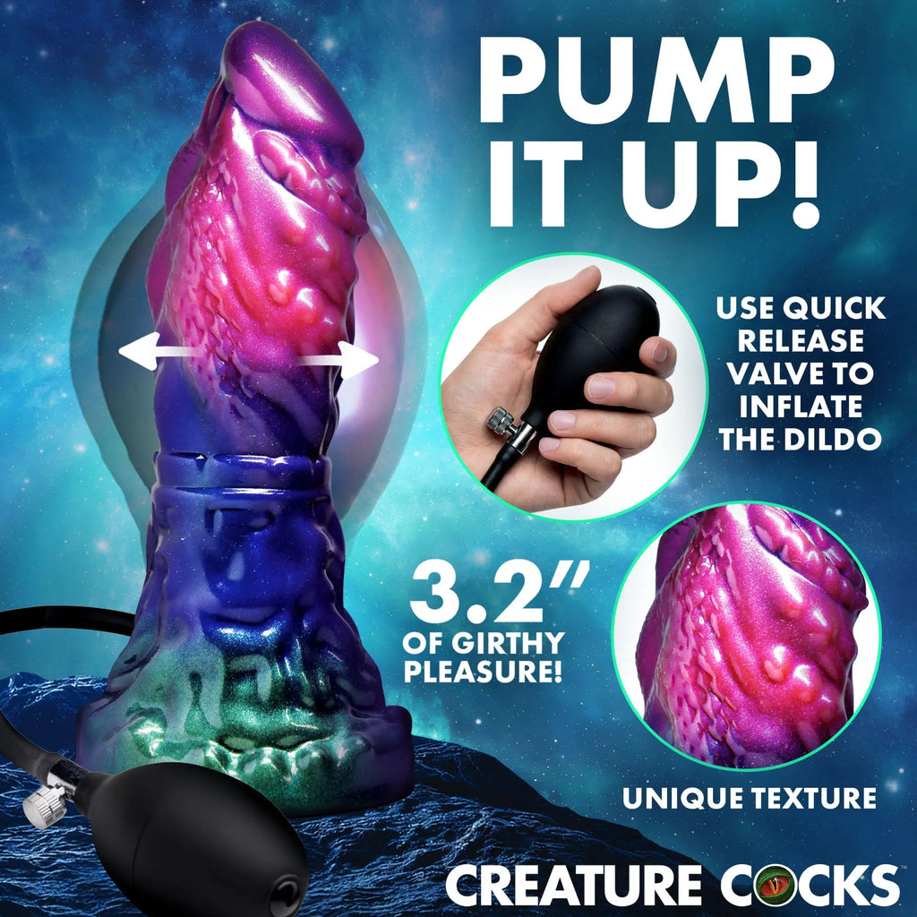 Creature Cocks Gorge inflatable silicone dildo in purple and green with textured detail, shown with an inflation pump.