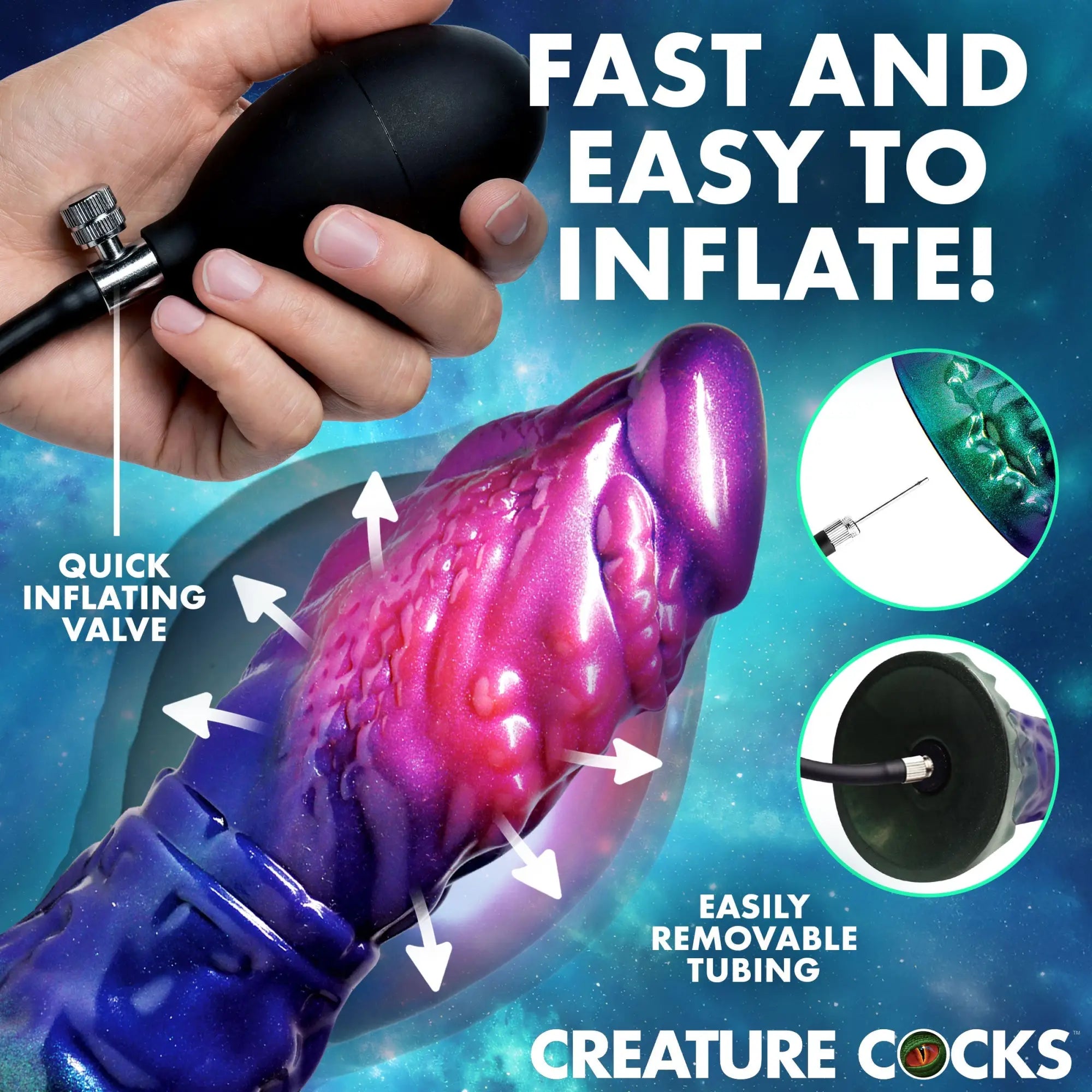 Creature Cocks Gorge inflatable silicone dildo in purple and blue with hand pump, removable tubing, and texture details.