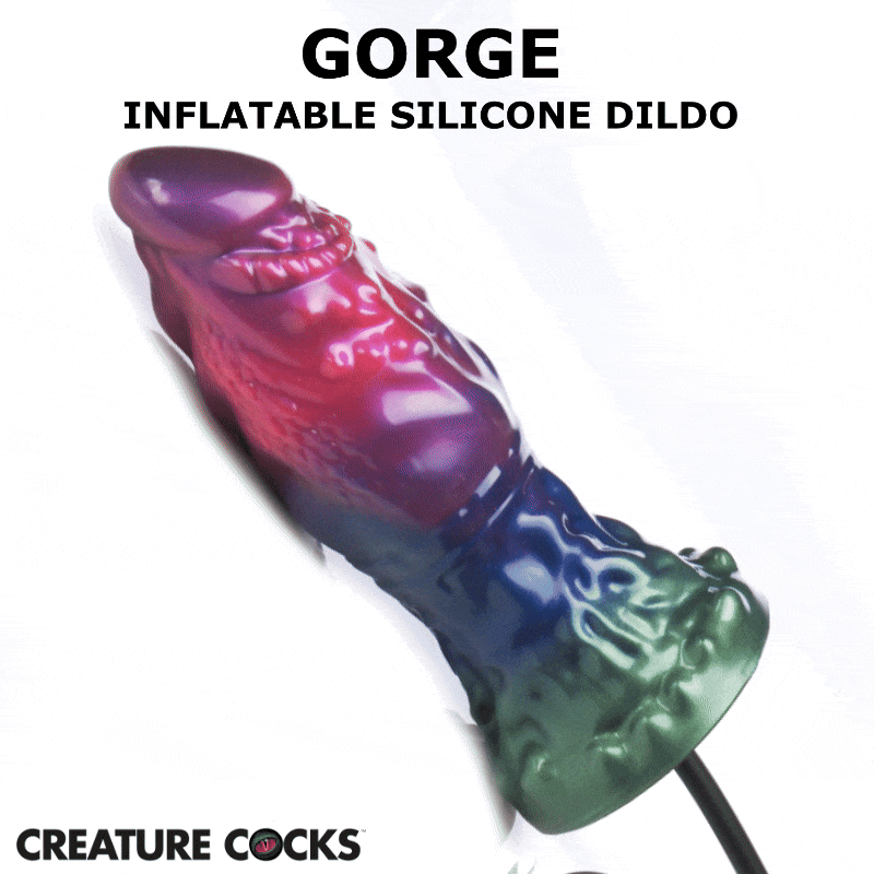 Creature Cocks Gorge inflatable dildo with a textured, fantasy-style design in a purple, blue, and green gradient.
