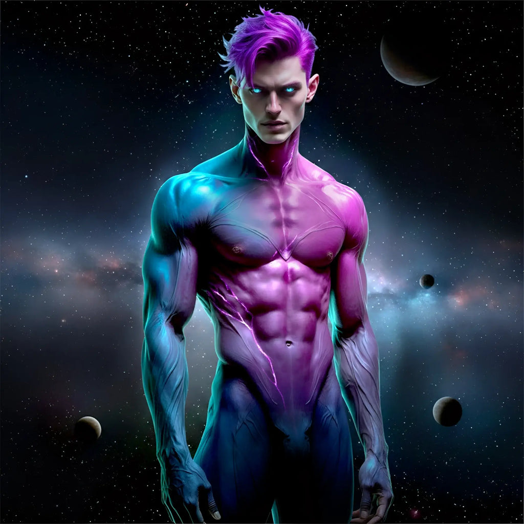 Creature Cocks Gorge Inflatable Silicone Dildo represented by a neon-toned, cosmic male fantasy figure in space.