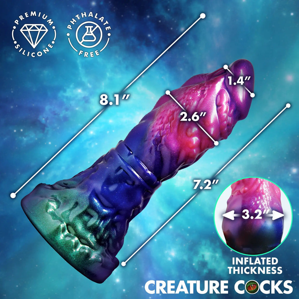 Creature Cocks Gorge inflatable silicone dildo in purple, blue, and green, showing measurements on a space background.