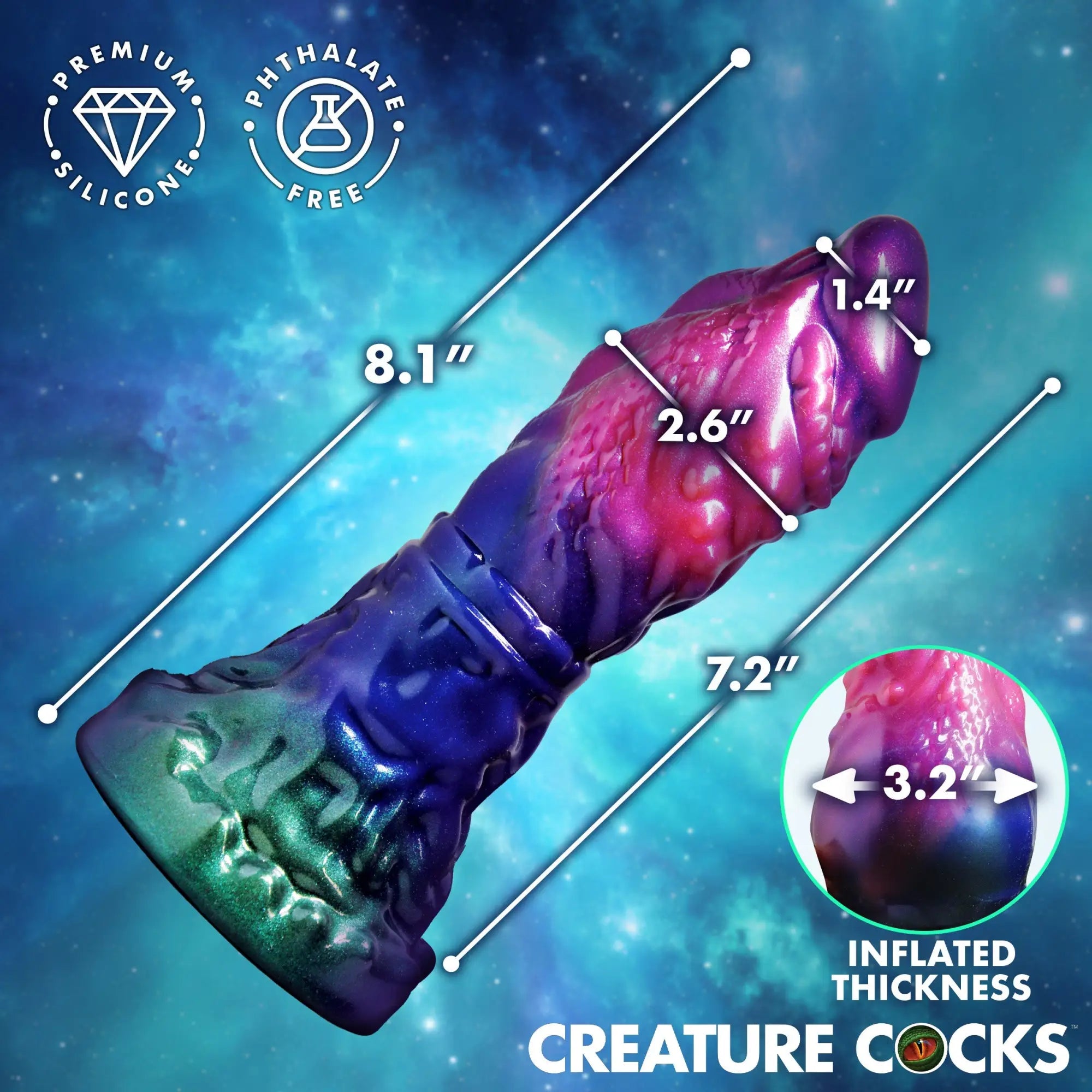 Creature Cocks Gorge inflatable silicone dildo in purple, blue, and green, showing measurements on a space background.