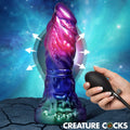 Creature Cocks Gorge inflatable silicone dildo in purple and green with a hand pump, set against a space background.