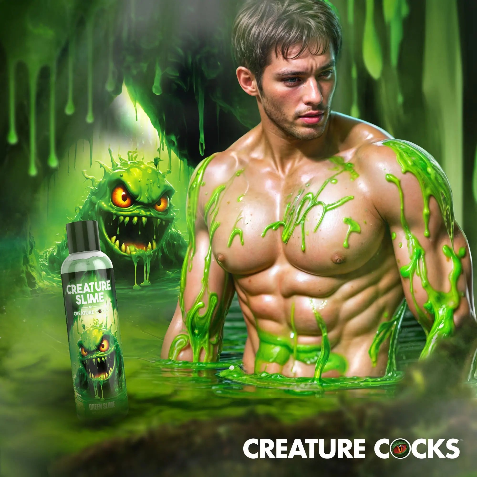 Creature Cocks Green Creature Slime lubricant bottle next to a muscular man covered in glowing green slime.