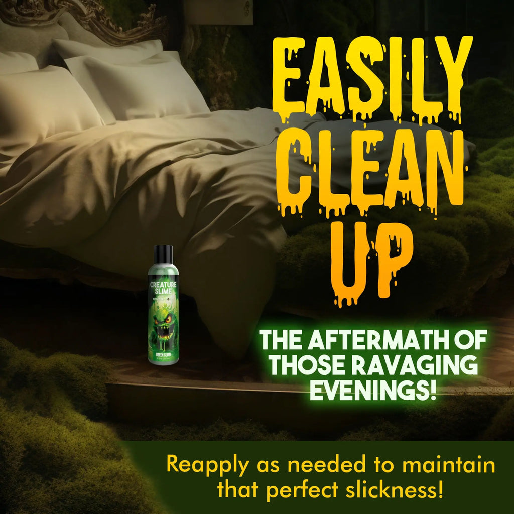 Creature Cocks Green Creature Slime lubricant bottle in a bedroom setting with text: "Easily clean up."