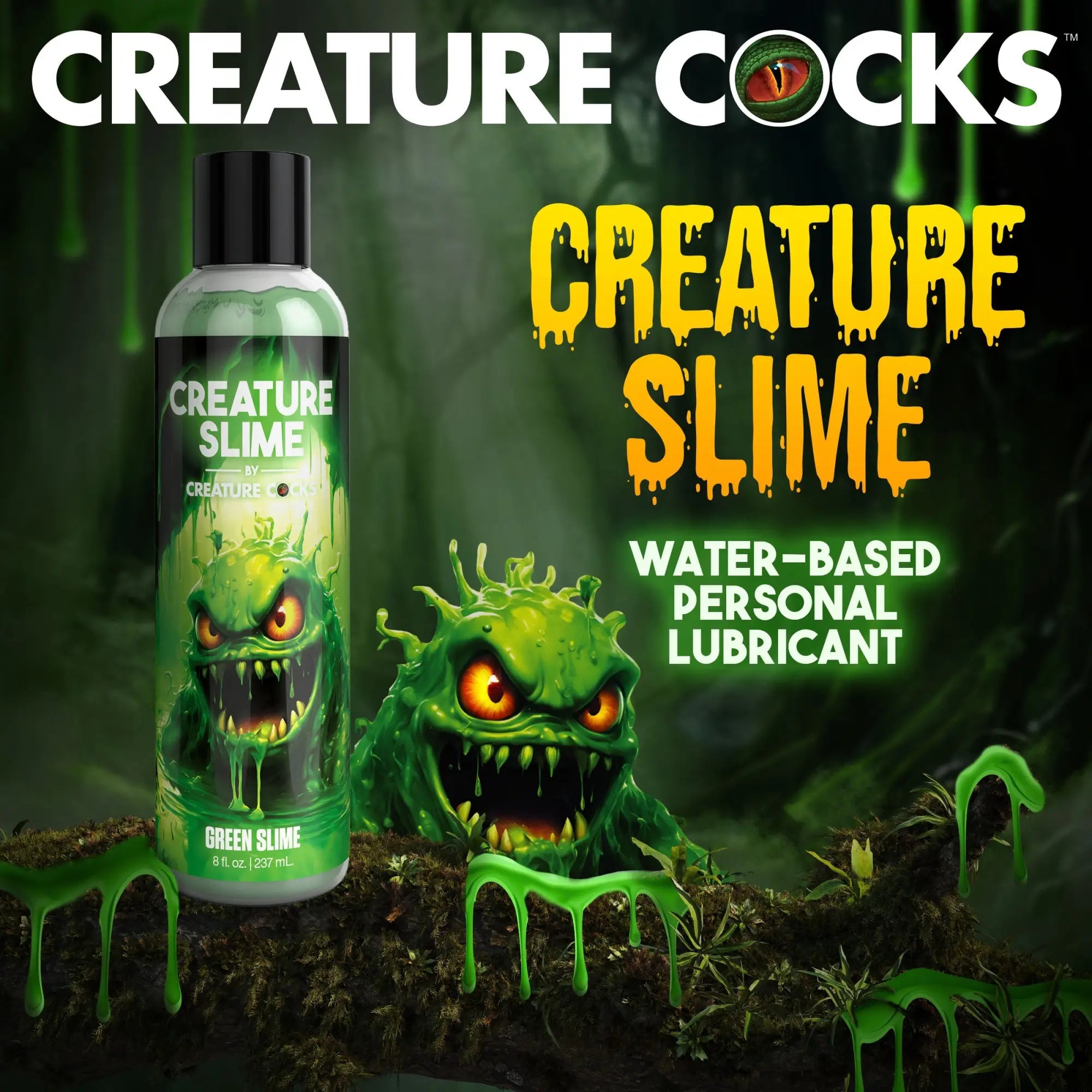 Creature Cocks Green Creature Slime lubricant bottle featuring a green monster graphic in a swampy forest setting.