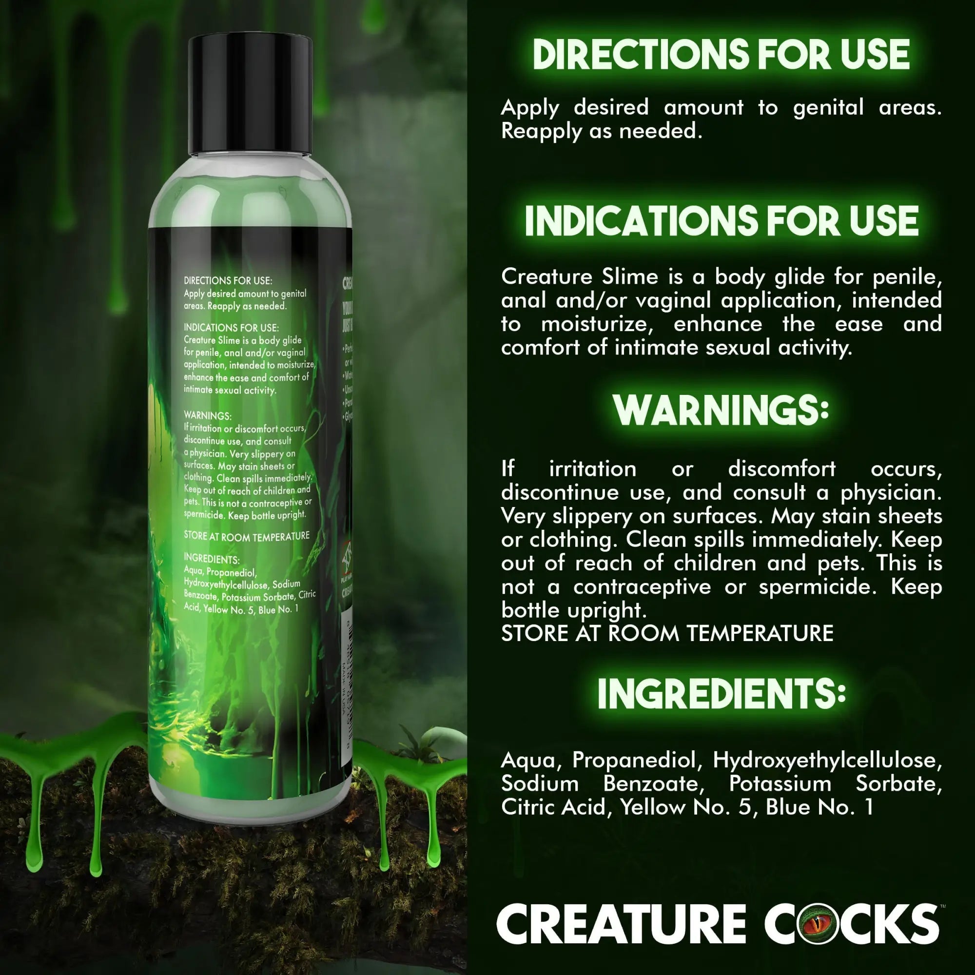 Creature Cocks Green Creature Slime lubricant bottle with informative label and product text against a green slime background.