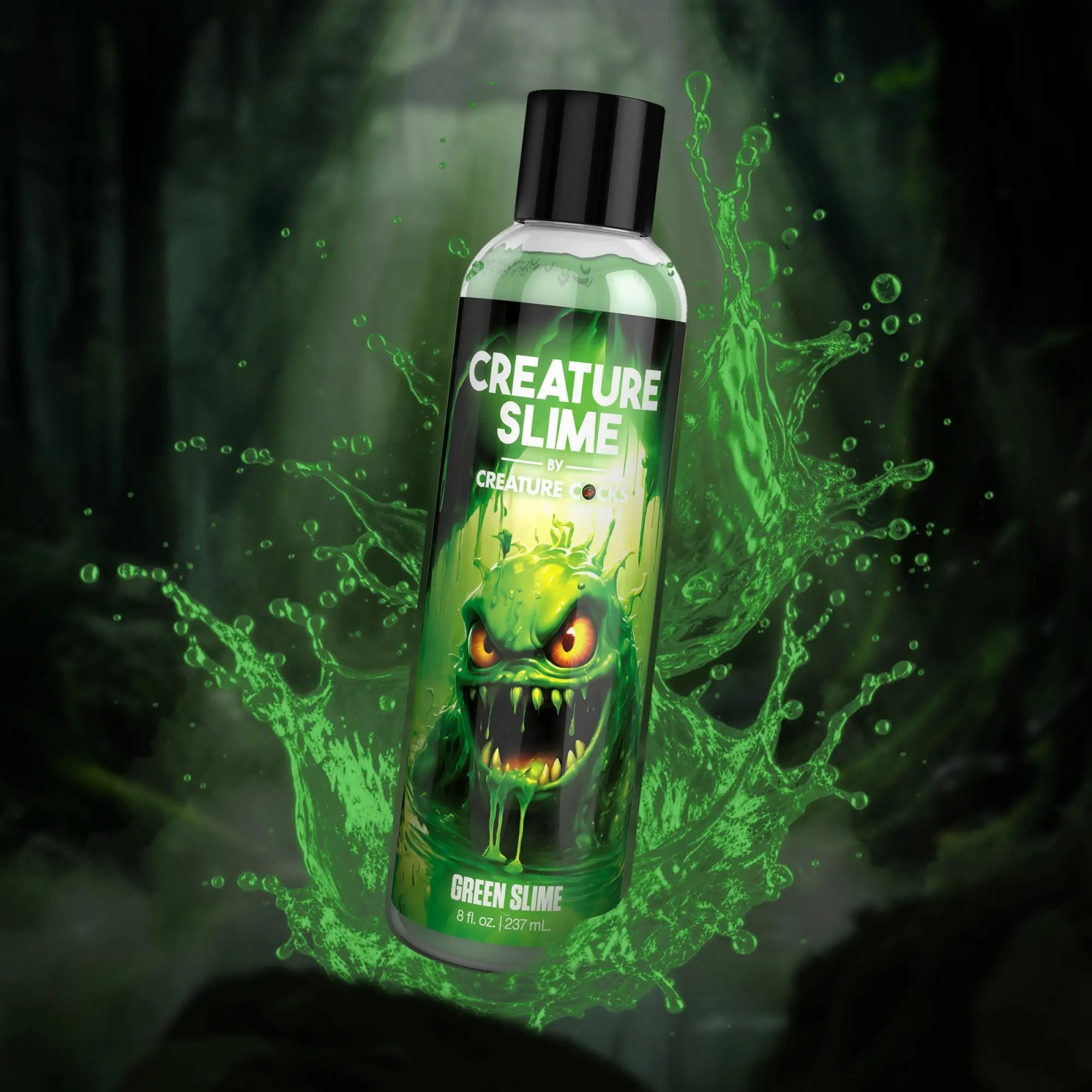 Creature Cocks Green Creature Slime lubricant bottle featuring a monster graphic amidst a dramatic green slime splash.