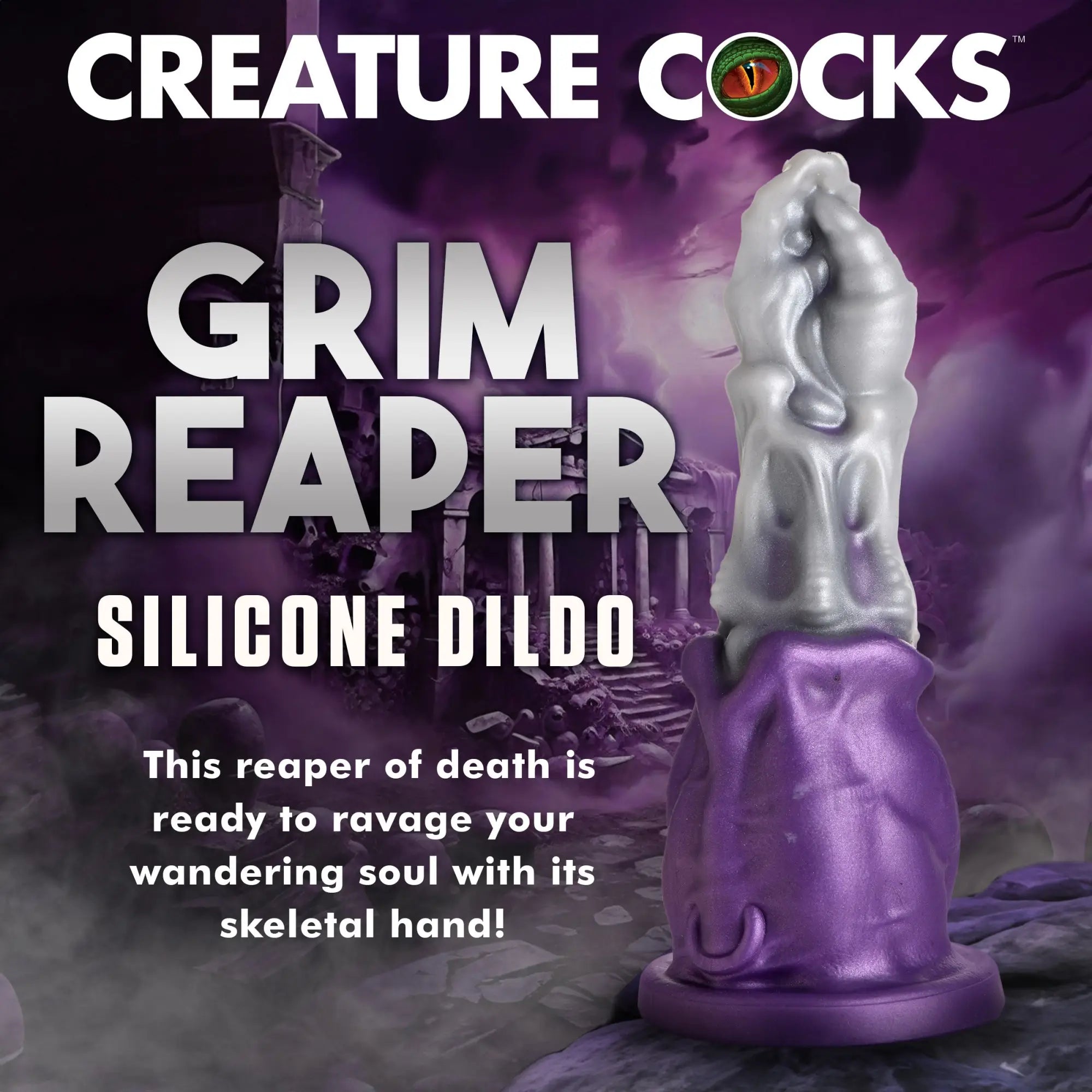 Creature Cocks Grim Reaper silicone dildo: a grey, skeletal-hand-themed textured shaft atop a purple base.