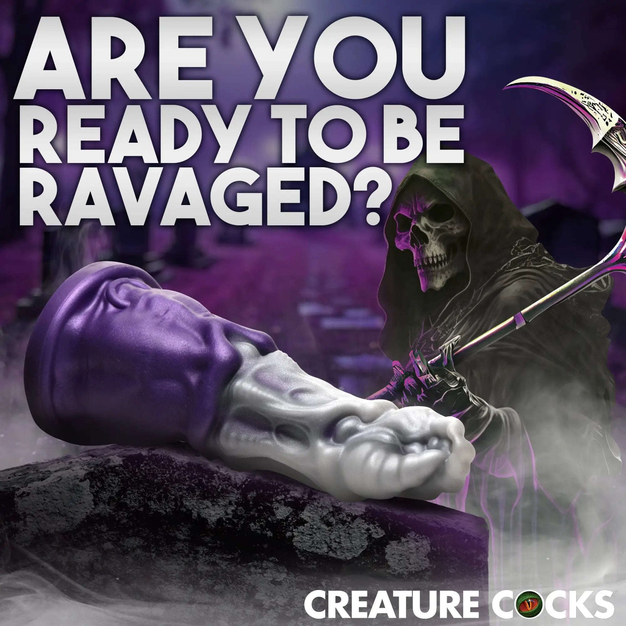 Creature Cocks Grim Reaper silicone dildo in purple and white with skeletal detailing, set against a dark, moody background.