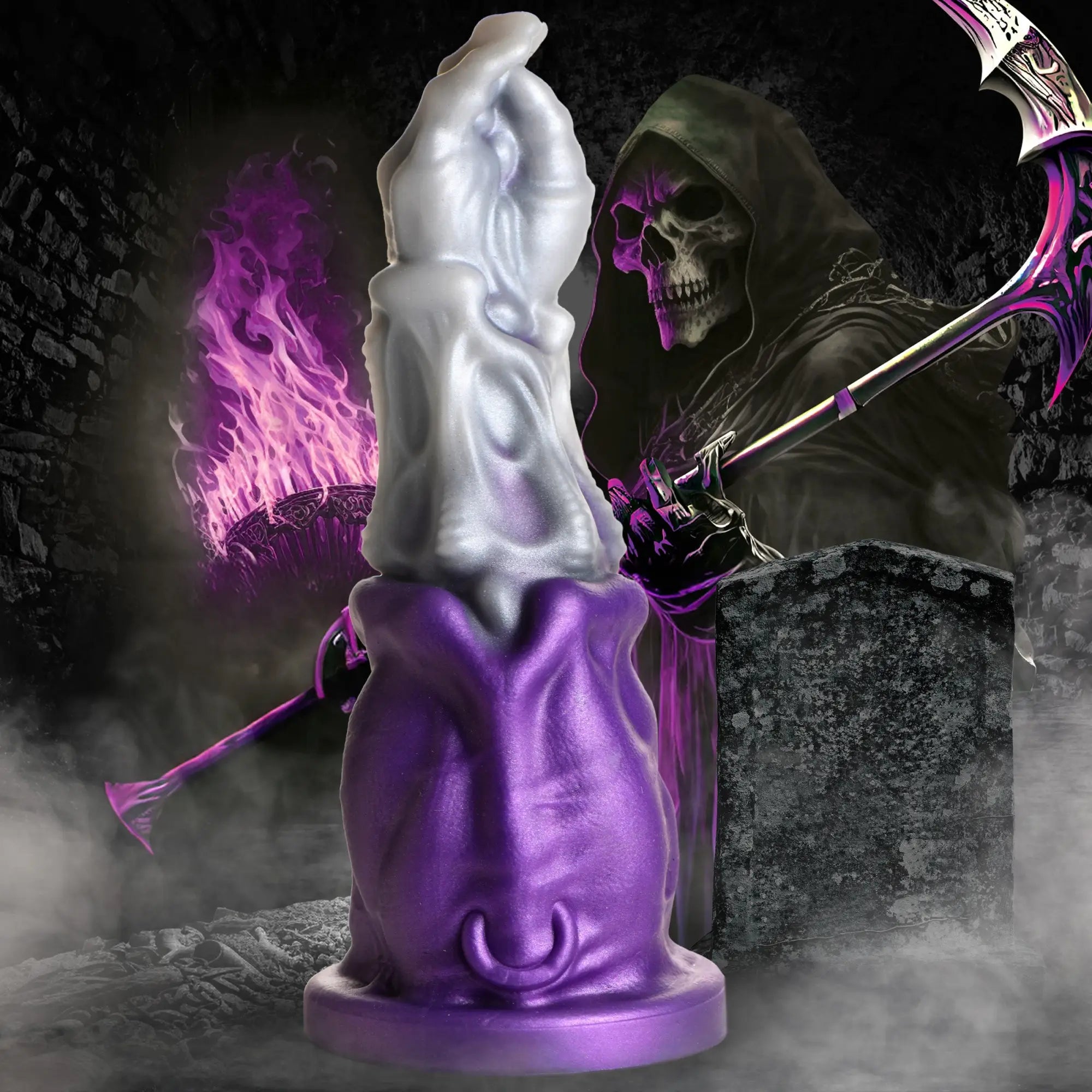 Creature Cocks Grim Reaper silicone dildo with a purple base and silver textured shaft, set against a dark fantasy scene.