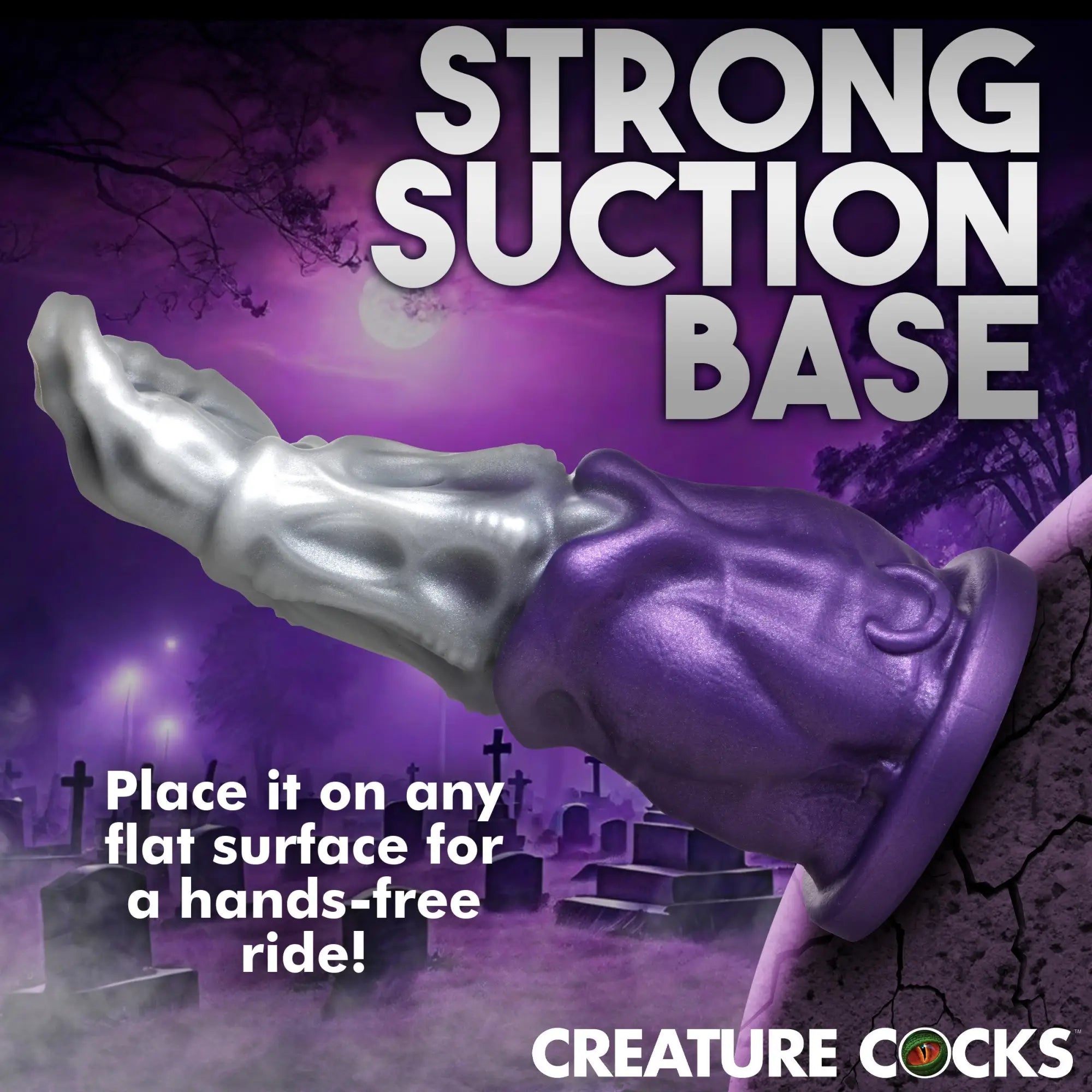 Creature Cocks Grim Reaper silicone dildo with a silver-to-purple gradient, textured design, and a strong suction base.