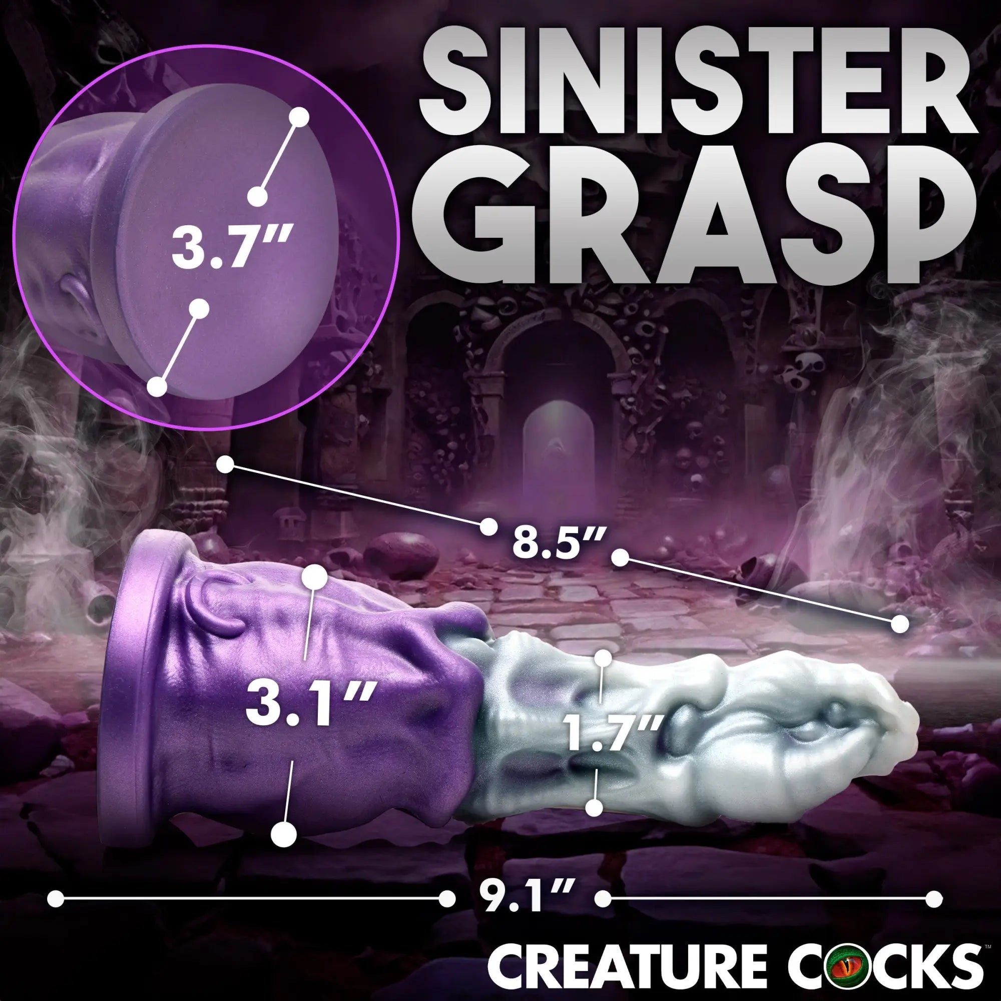 Creature Cocks Grim Reaper silicone dildo: purple base with a white, bone-textured shaft, shown with product dimensions.