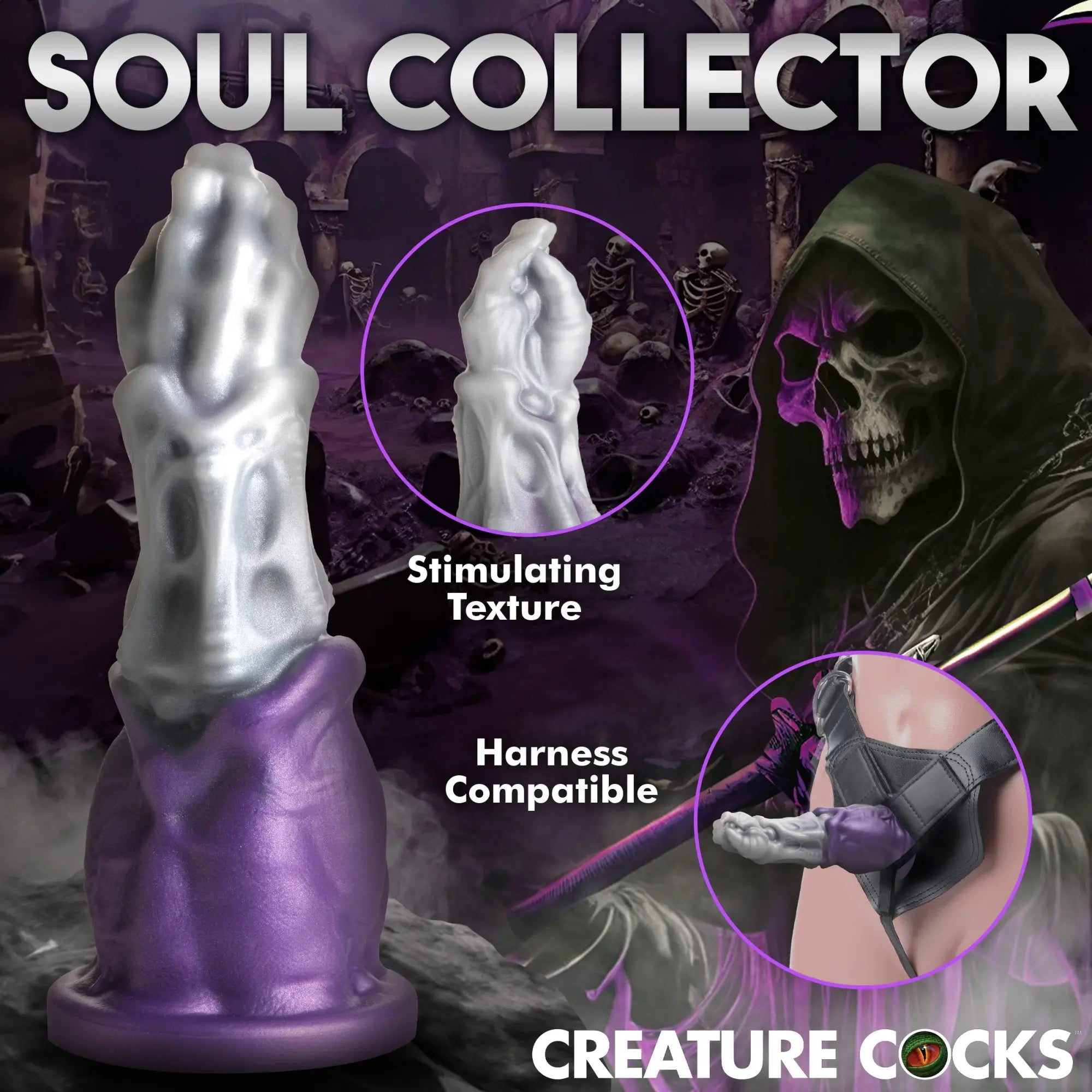 Creature Cocks Grim Reaper dildo: a textured, silver-and-purple silicone toy shown on its own and in a harness.
