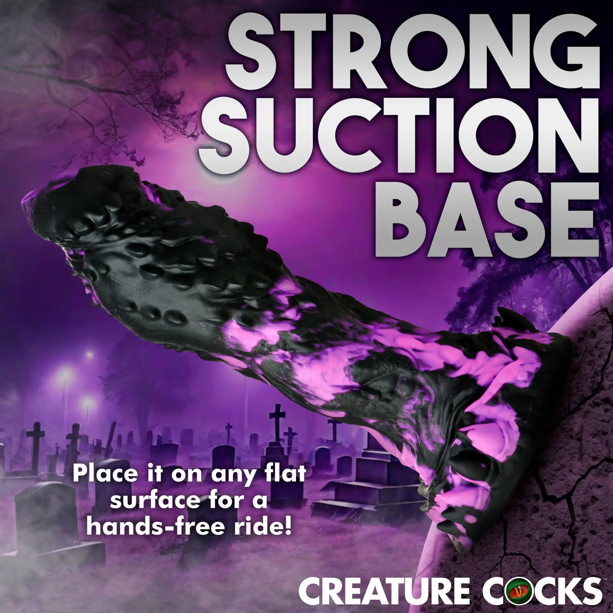 Creature Cocks Grim dildo in black and purple, featuring a textured design and suction base, set against a cemetery.