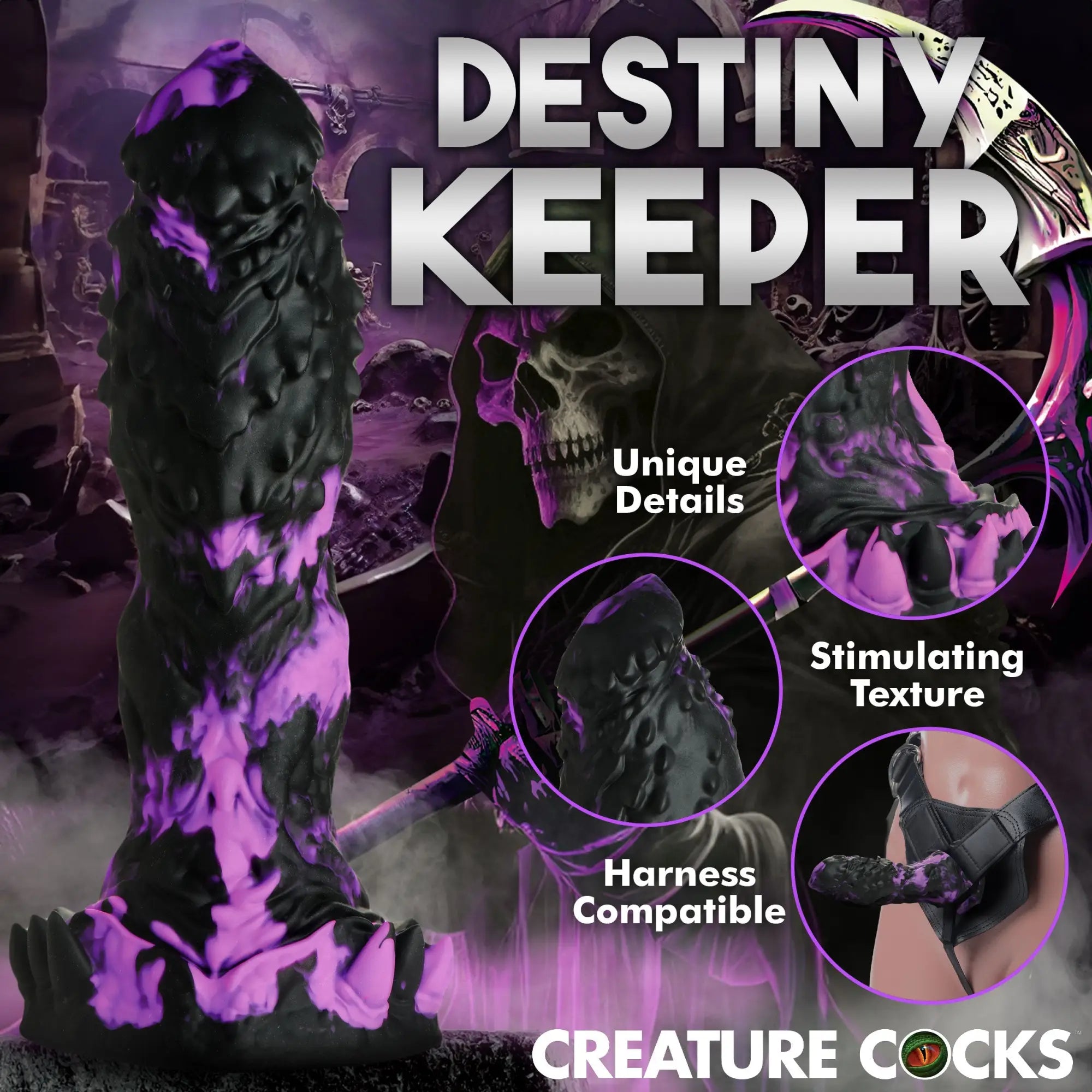 Creature Cocks Grim silicone dildo with a textured black and purple fantasy design, shown with harness compatibility.