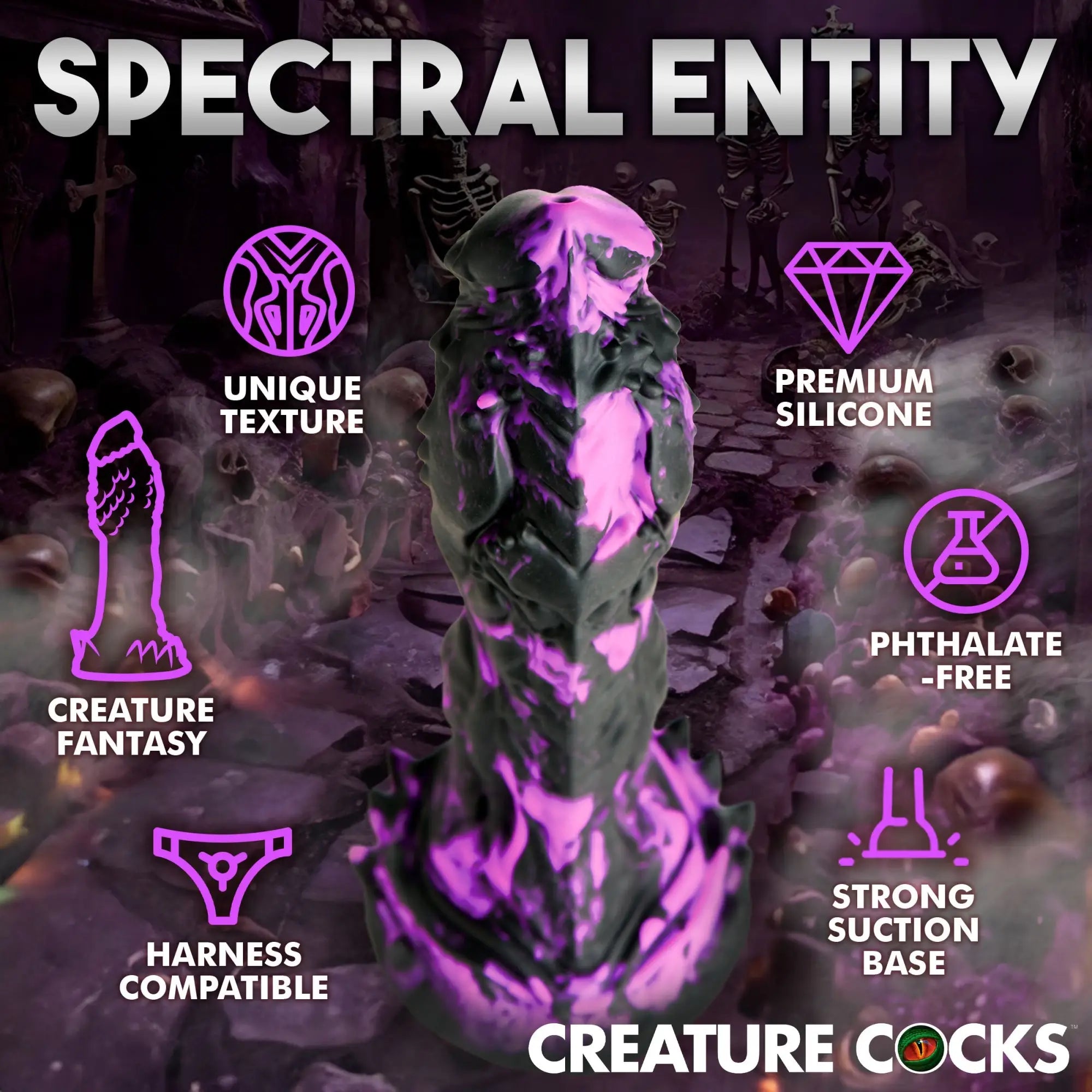 Creature Cocks Grim dildo in black and purple marbled silicone with textured fantasy detailing in a spooky setting.