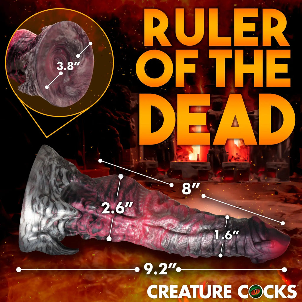 Creature Cocks Hades silicone dildo in red and black marbled, textured fantasy style with labeled product dimensions.