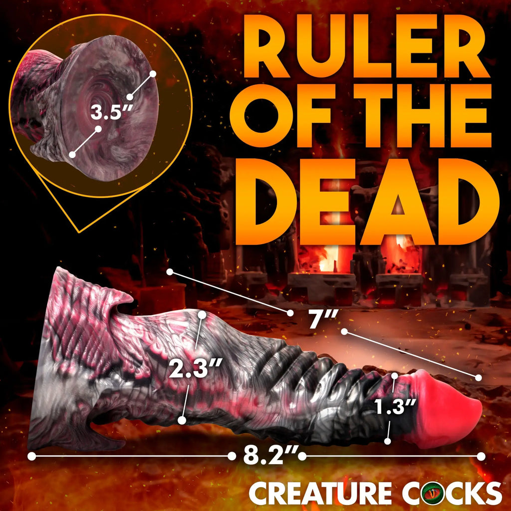 Creature Cocks Hades silicone dildo: A textured, black-and-red fantasy toy with size dimensions overlaid on a fire theme.