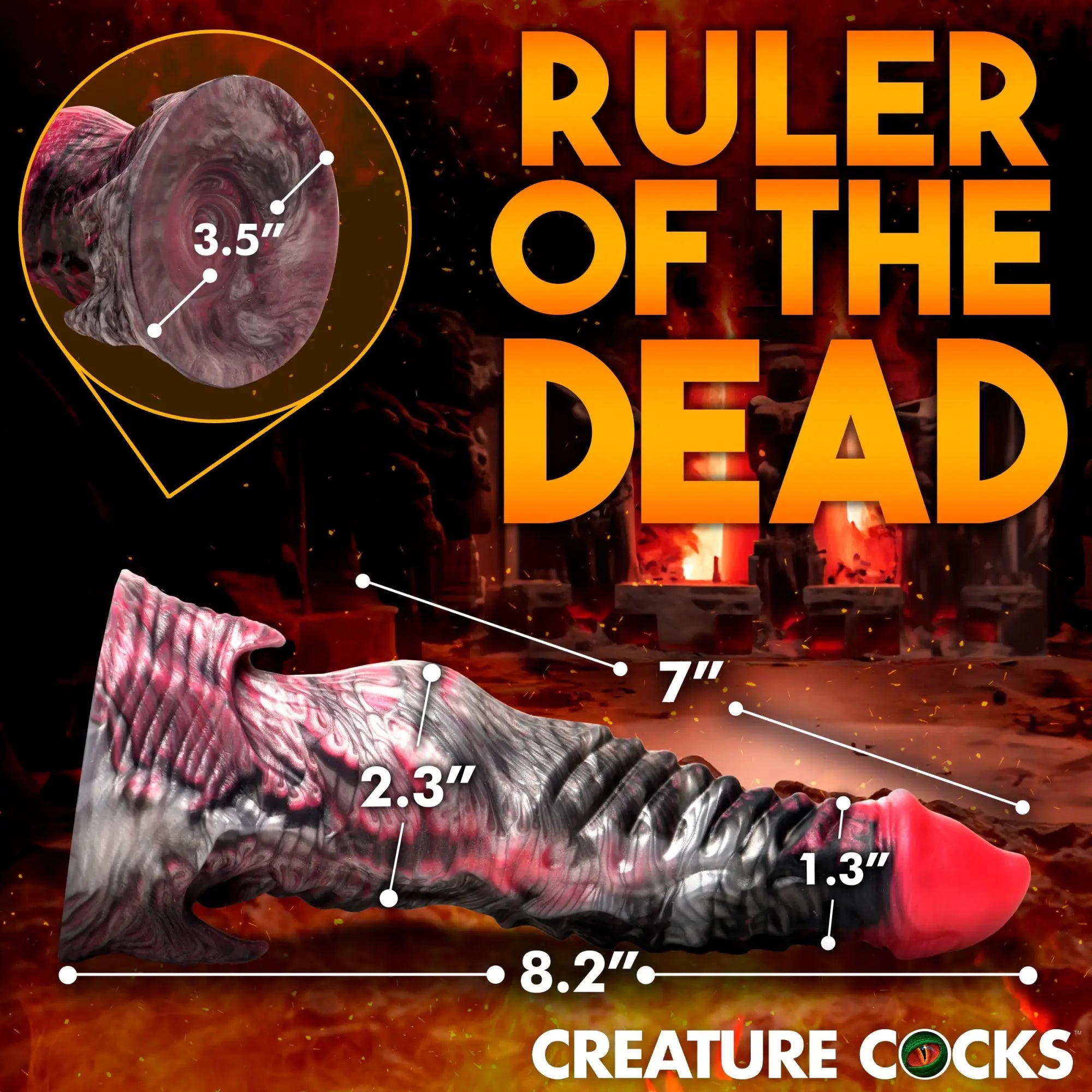 Creature Cocks Hades silicone dildo: A textured, black-and-red fantasy toy with size dimensions overlaid on a fire theme.