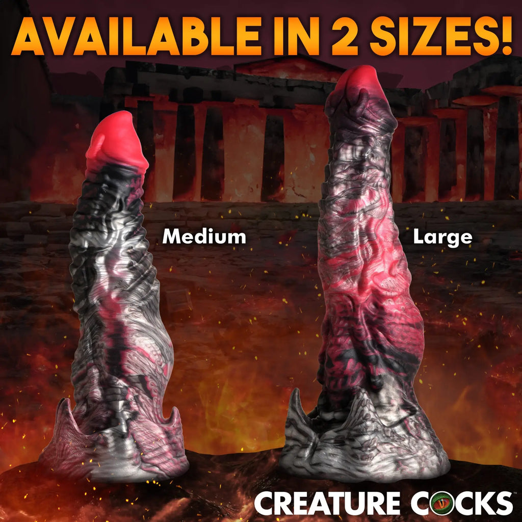 Creature Cocks Hades silicone dildos in medium and large, featuring a textured, marbled red and black fantasy design.