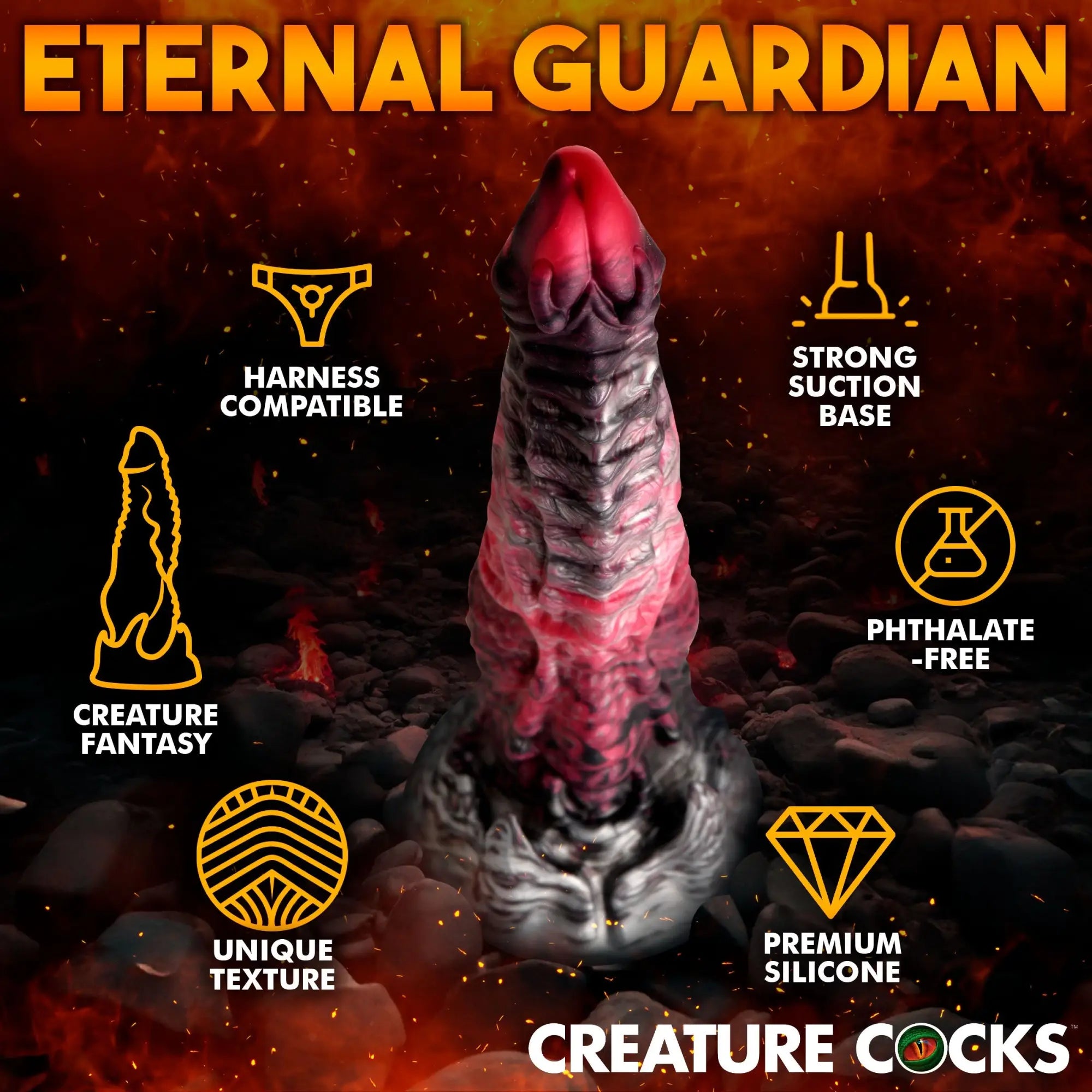 Creature Cocks Hades silicone dildo with a red and black, textured fantasy design, displayed against a volcanic background.