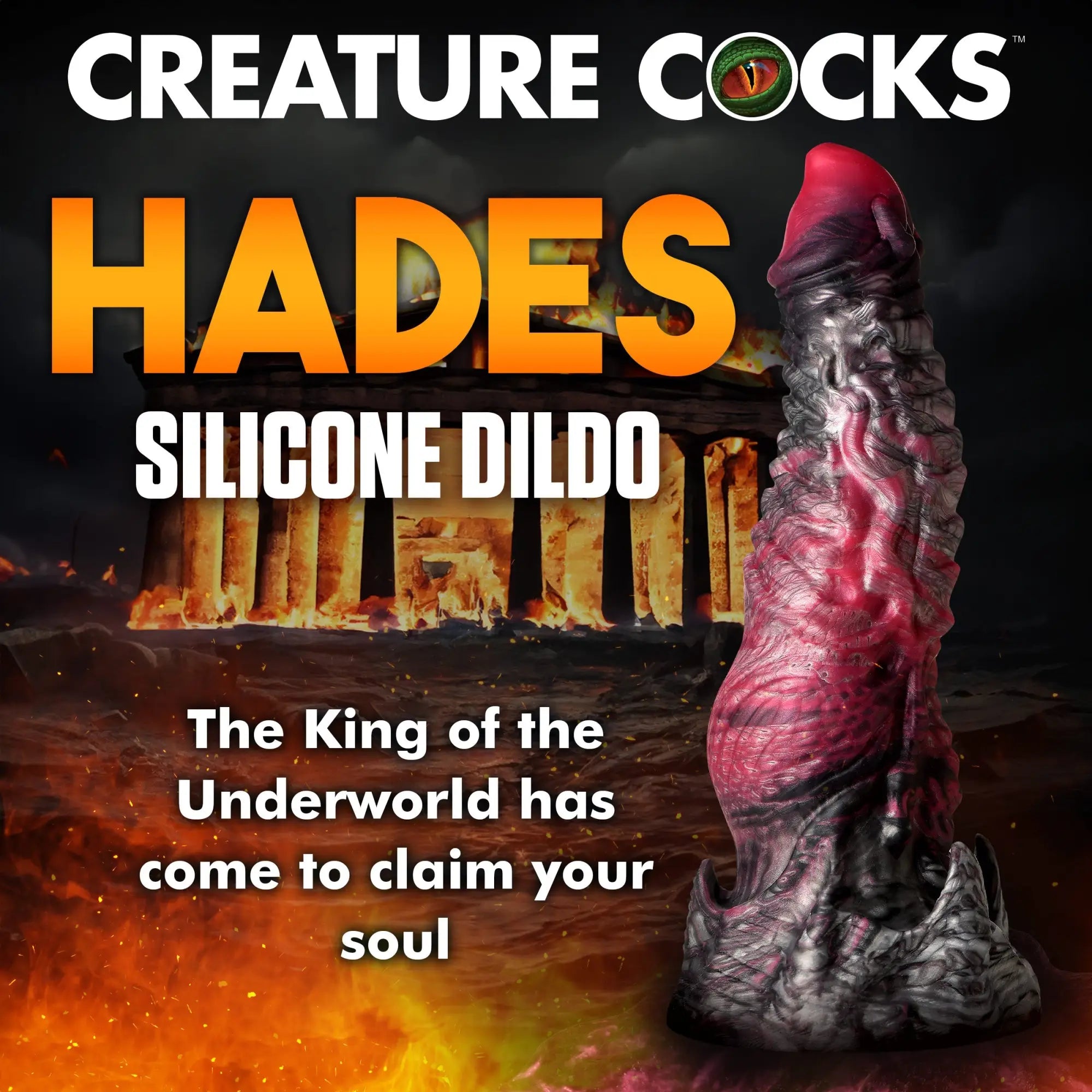 Creature Cocks Hades silicone dildo: a textured, black and red fantasy-style phallic toy in front of a burning temple.
