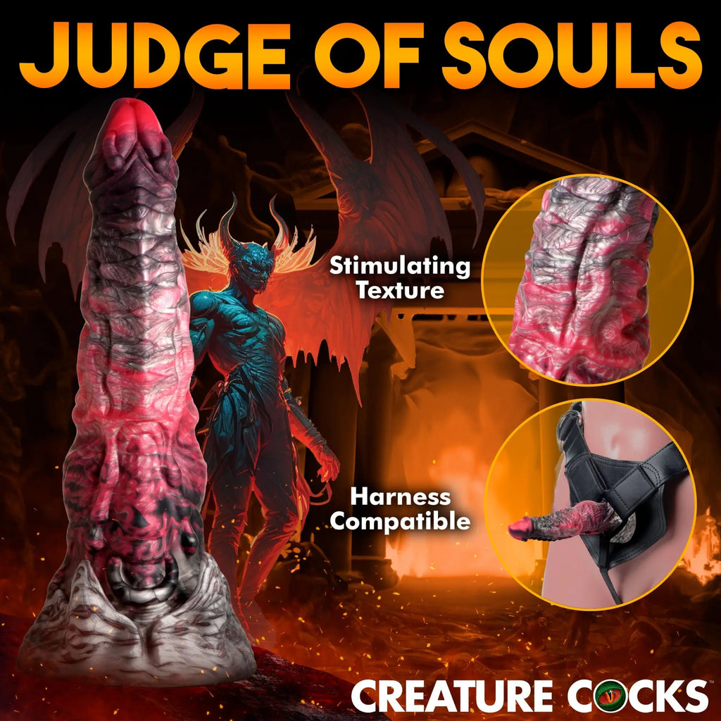 Creature Cocks Hades silicone dildo: red and grey textured, fantasy-style phallic toy shown alone and in a harness.