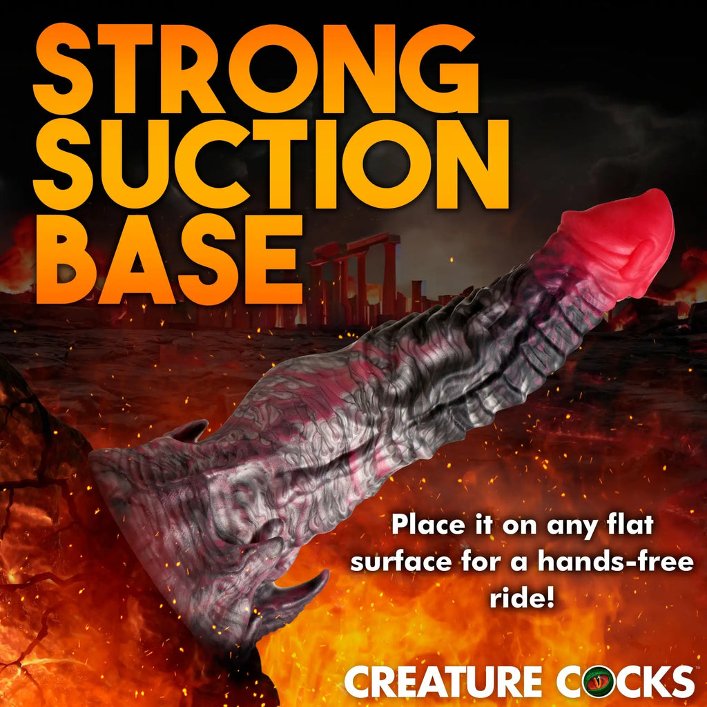 Creature Cocks Hades silicone dildo in red and black, featuring a textured, fantasy-style design with a suction base.