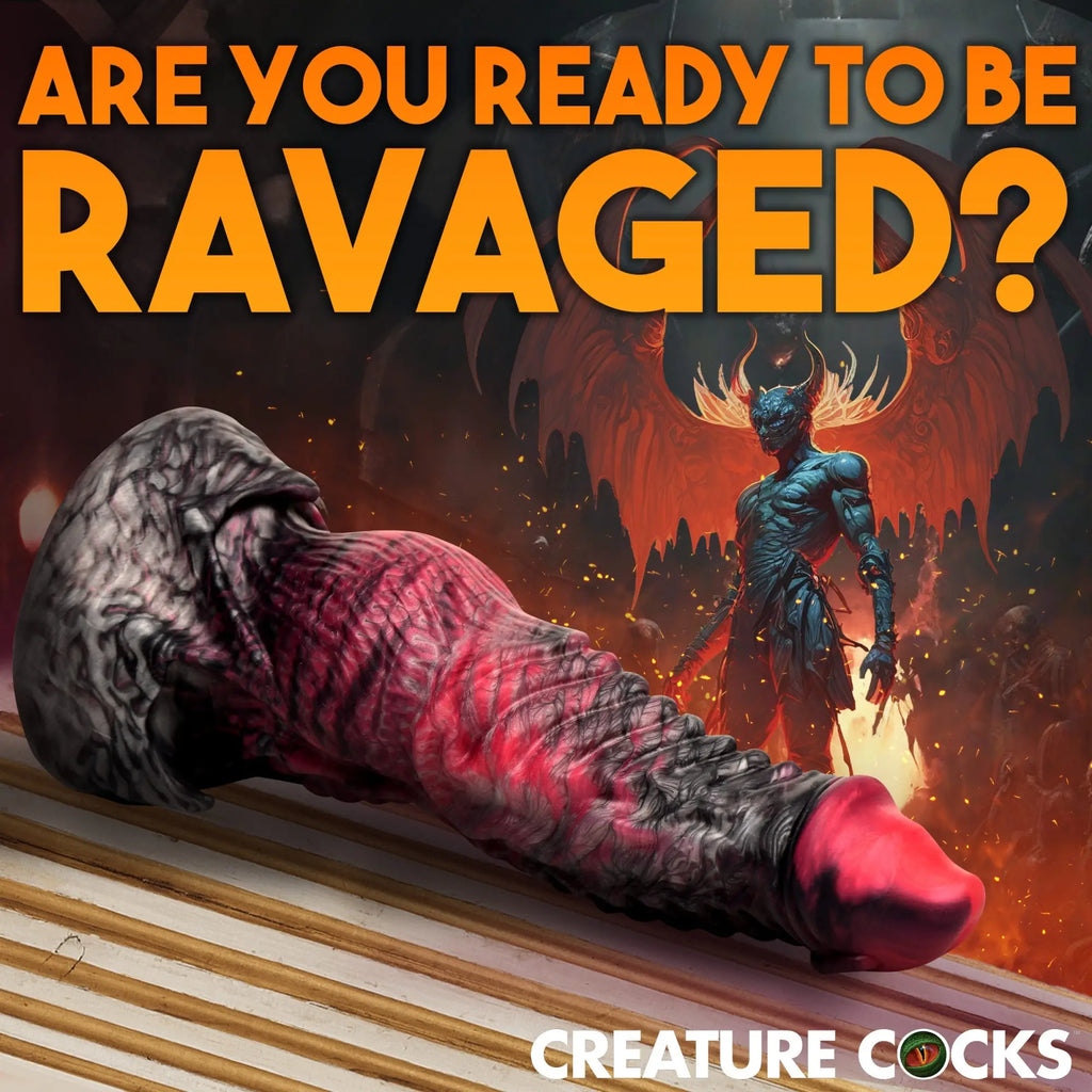 Creature Cocks Hades silicone dildo in red and black, with a textured, fantasy-inspired design against a demon background.