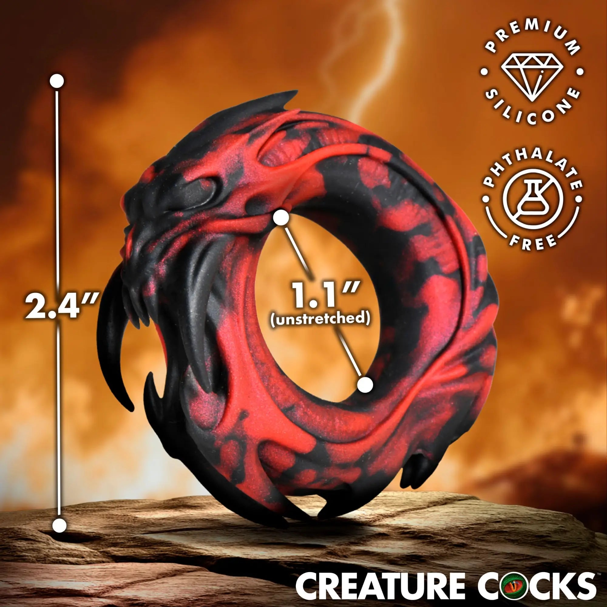 Creature Cocks Hell Fang silicone cock ring: a black and red creature-themed ring with fangs, showing size dimensions.