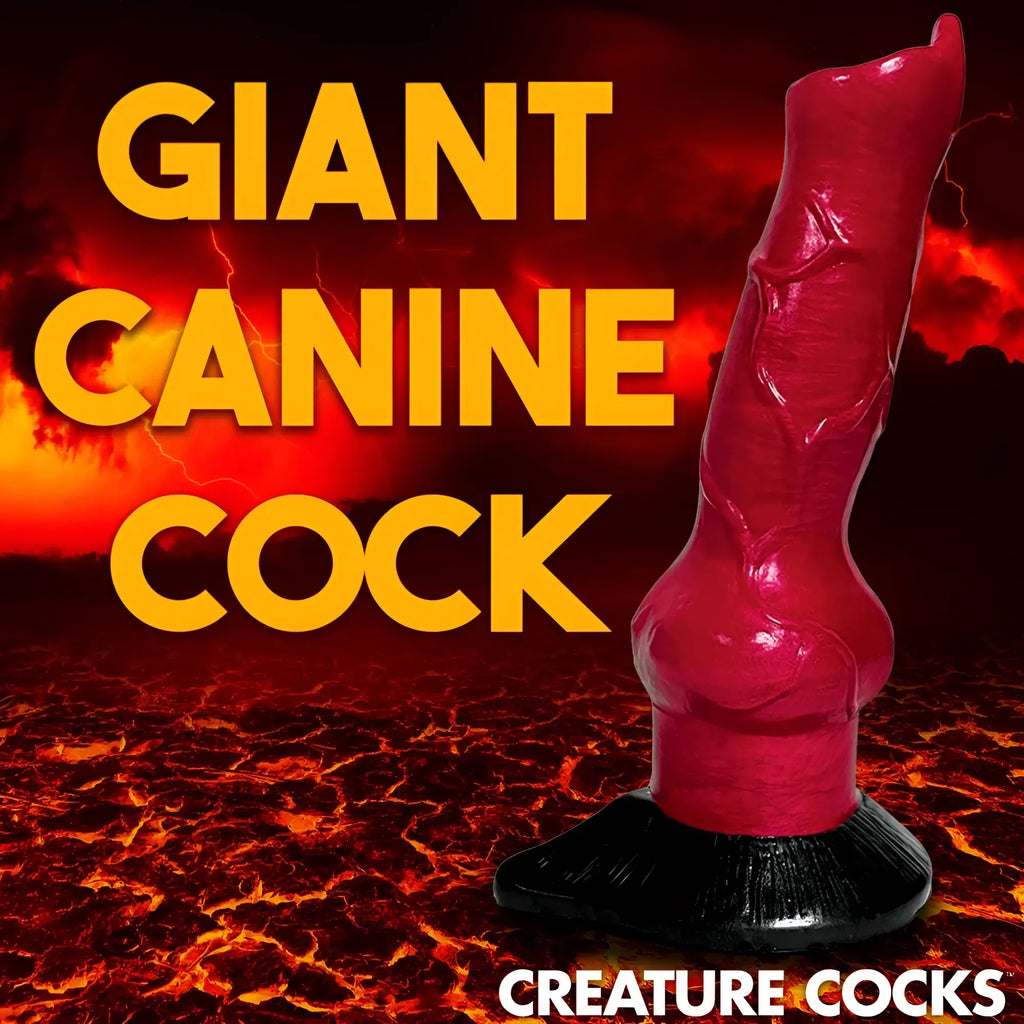 Creature Cocks Hell-Hound dildo: a red, veiny canine-style silicone toy with a black base against a fiery background.