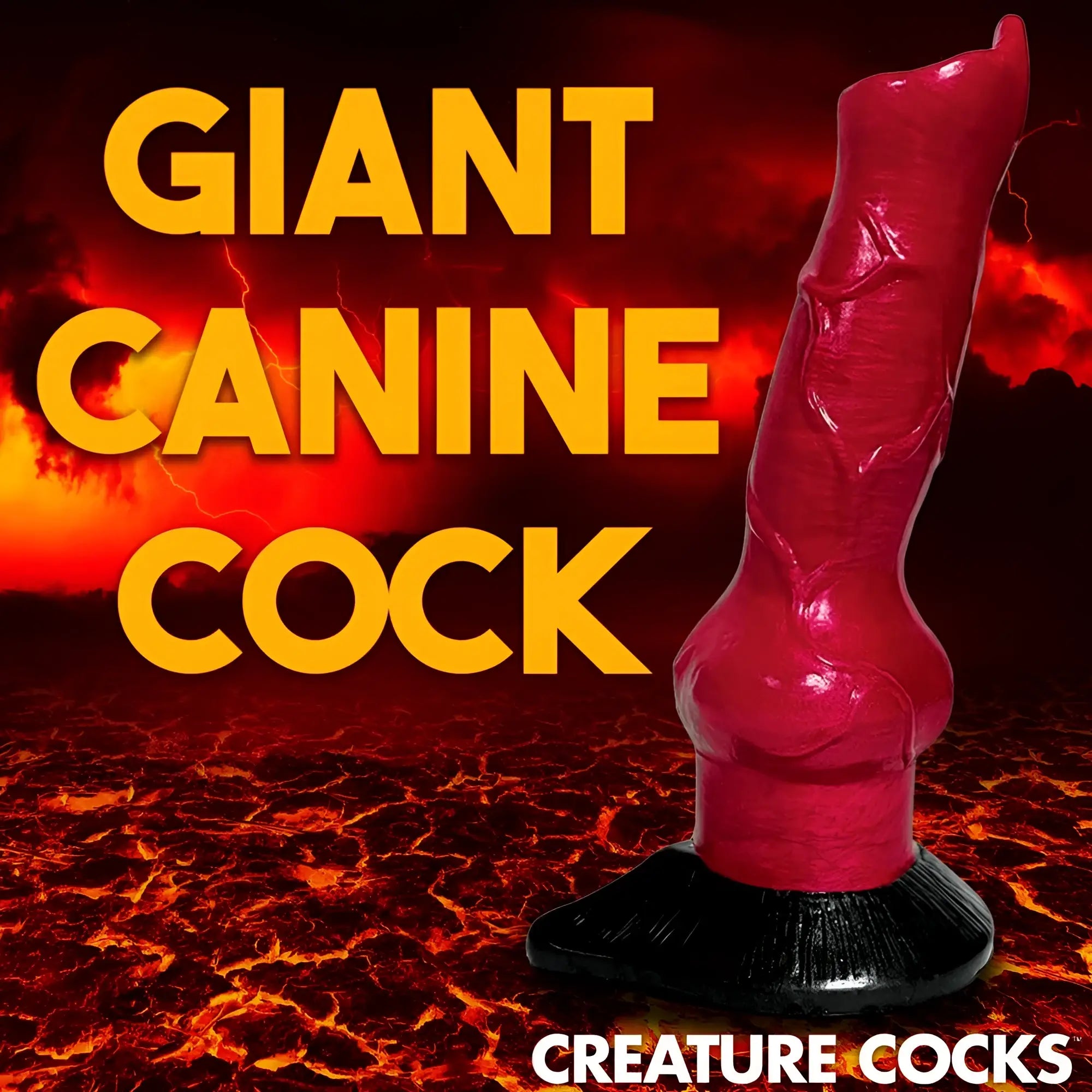Creature Cocks Hell-Hound dildo: a red, veiny canine-style silicone toy with a black base against a fiery background.