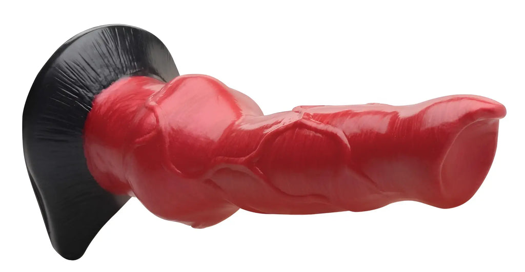 Creature Cocks Hell-Hound dildo: a red, canine-style silicone toy with a flared, black, textured base on white background.