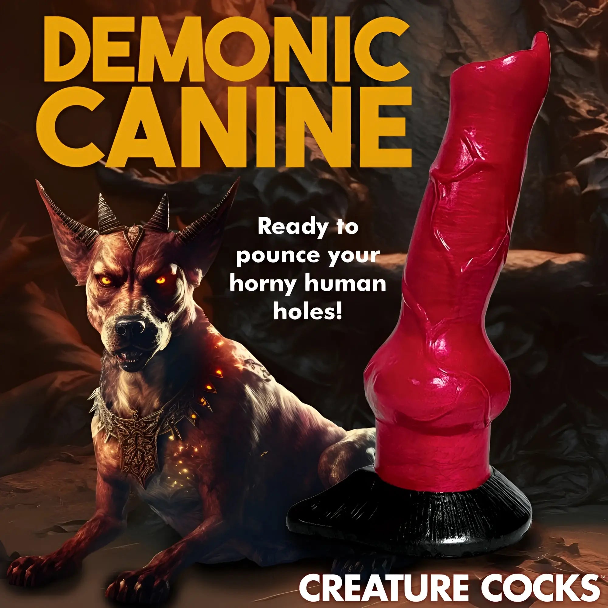 Creature Cocks Hell-Hound dildo: a red, canine-style silicone dildo with a black base, shown next to a demon dog image.