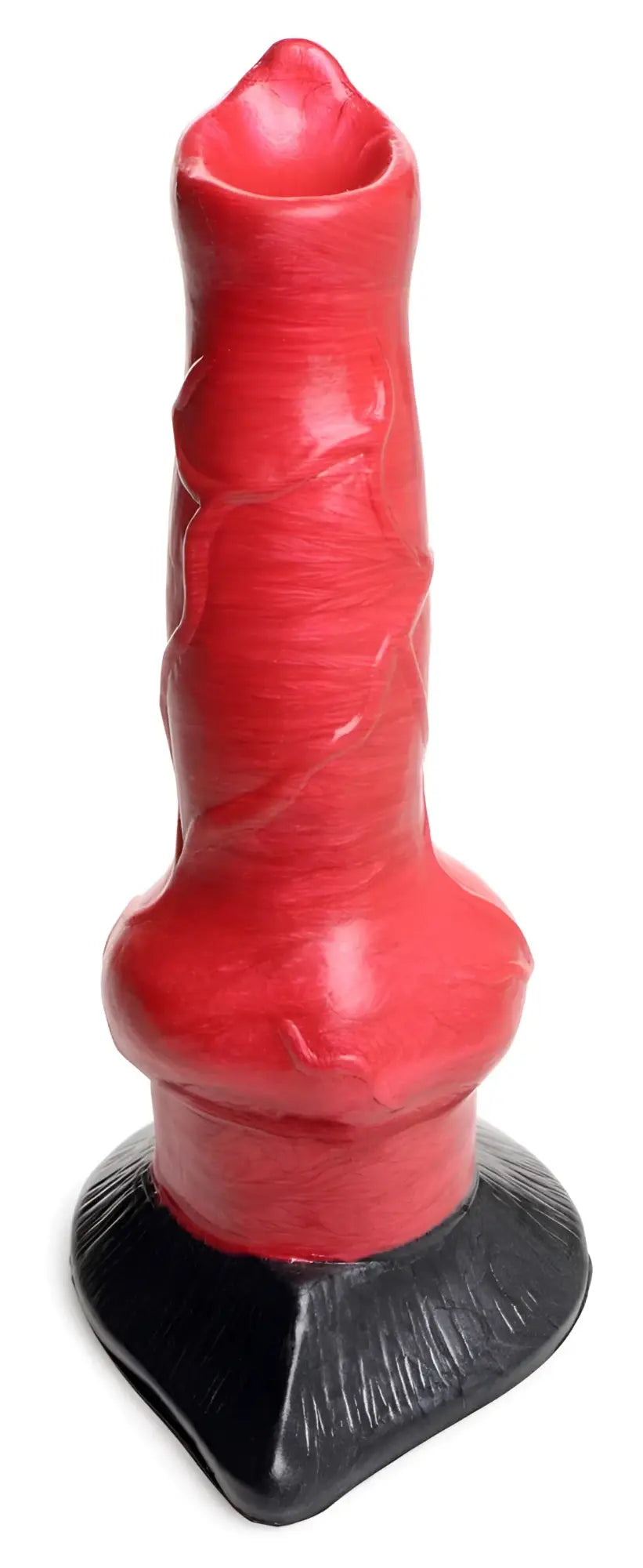 Creature Cocks Hell-Hound dildo: A red, textured canine-style silicone shaft with a flared base on a black pedestal.