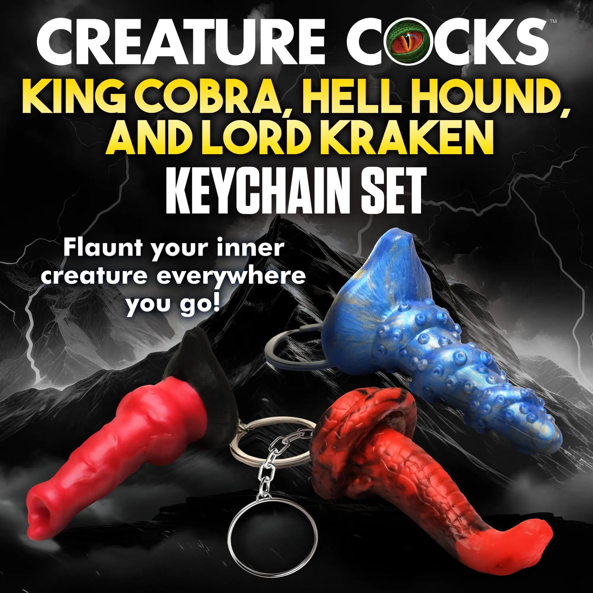 Creature Cocks keychain set featuring blue Kraken, red snake-textured Cobra, and red/black Hell-Hound silicone designs.