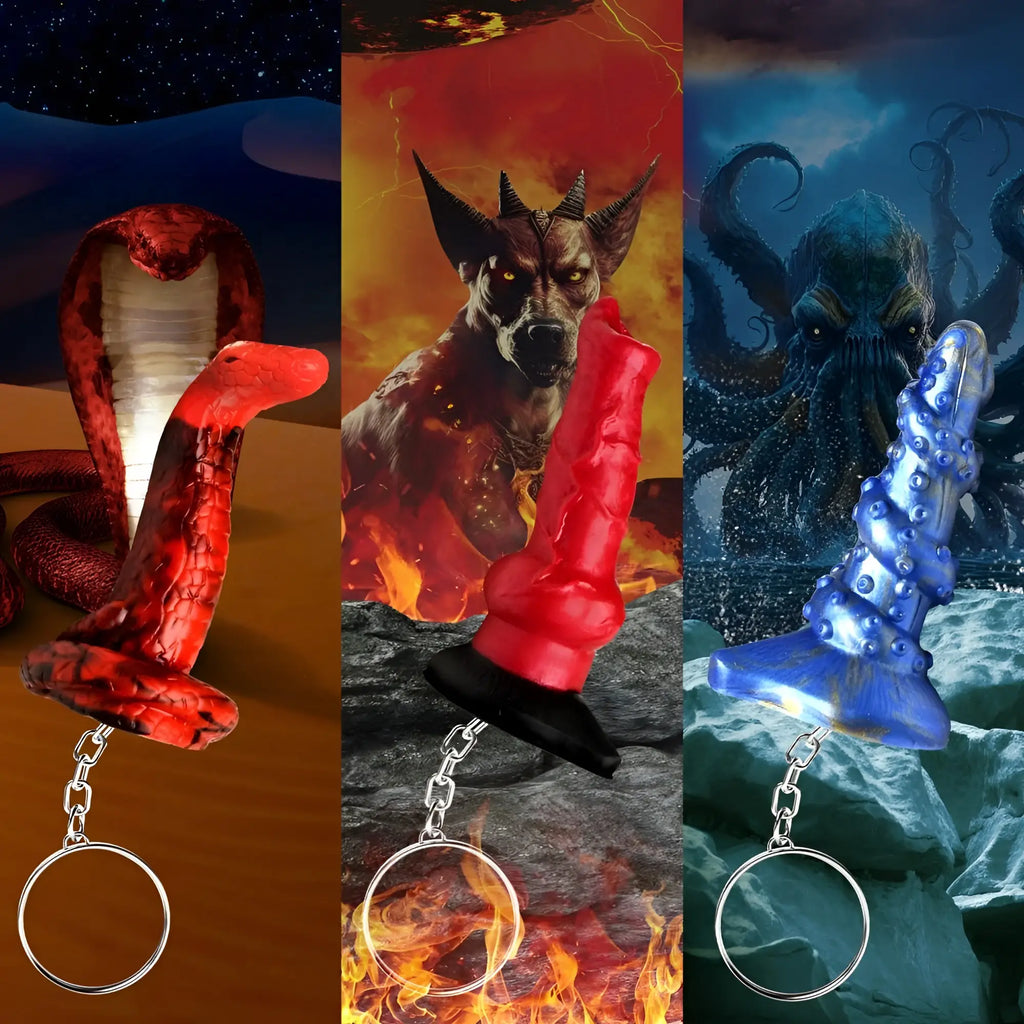 Creature Cocks silicone keychains: red King Cobra, red Hell-Hound, and blue Lord Kraken designs on fantasy backgrounds.