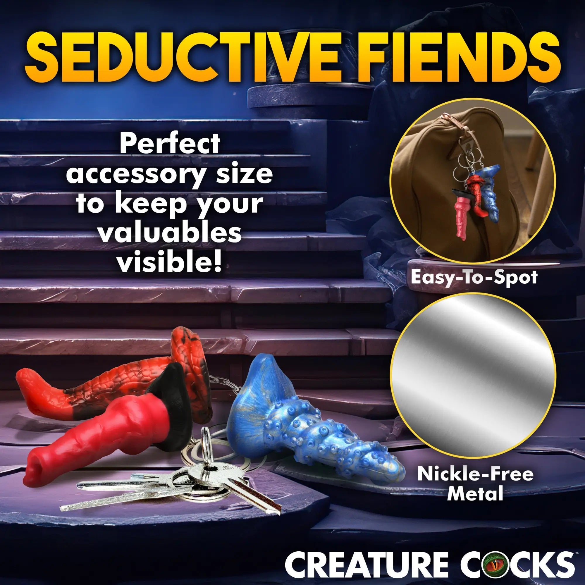 Creature Cocks keychain set featuring red, black, and blue textured silicone charms hanging on metal key rings.