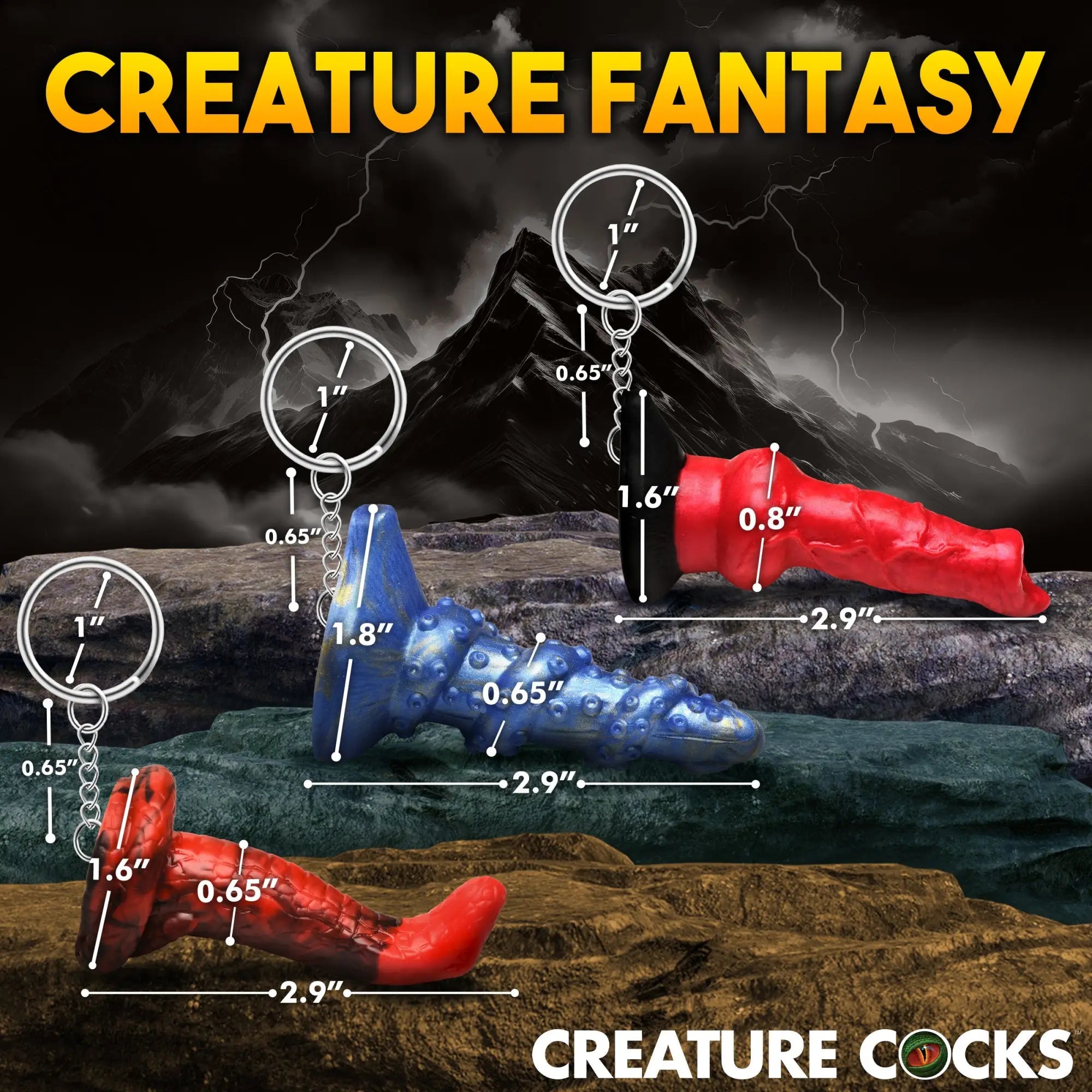 Creature Cocks Hell-Hound, Lord Kraken, & King Cobra keychain set. Three textured silicone creature toys with dimensions.
