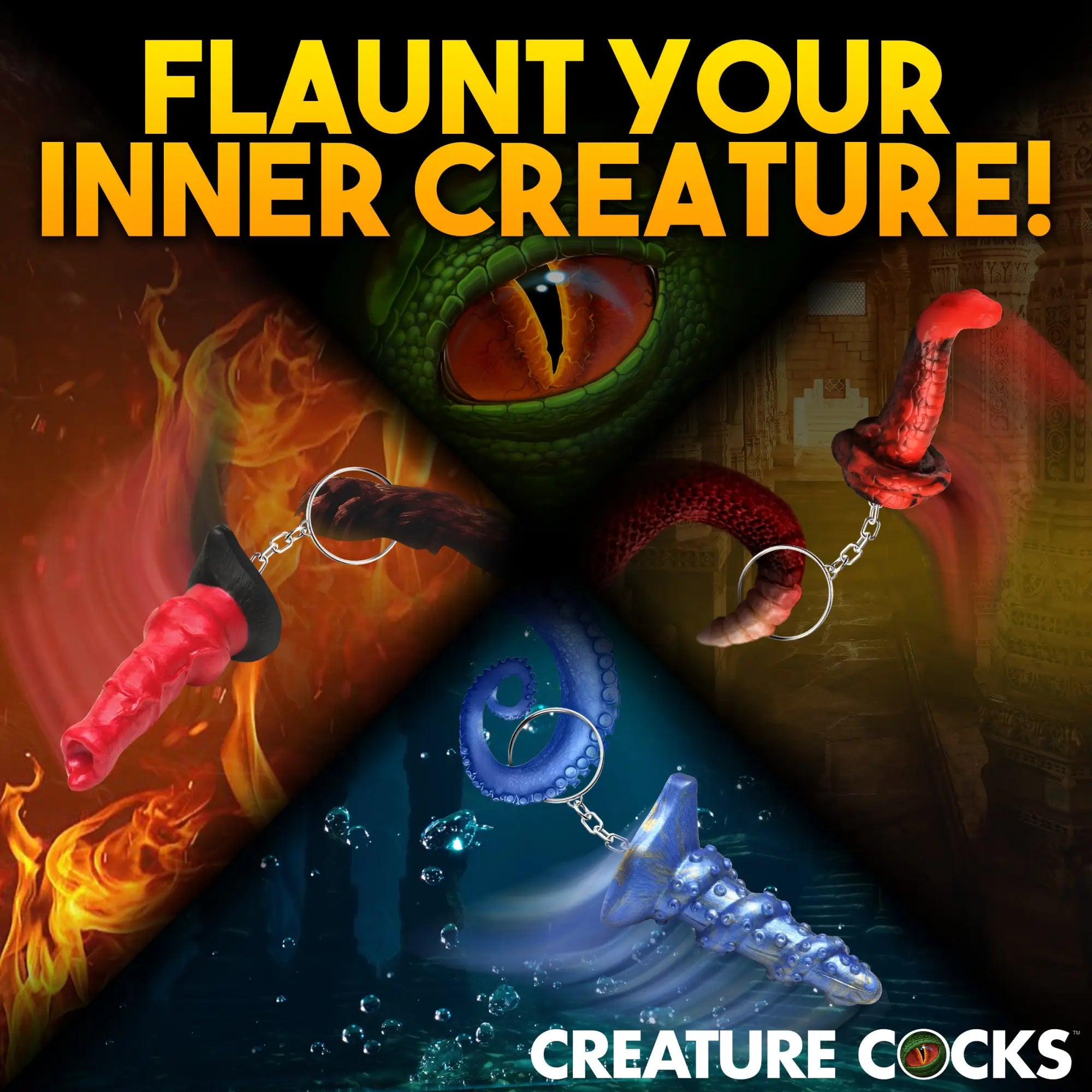 Creature Cocks keychain set featuring red Hell-Hound, multi-colored King Cobra, and blue swirled Lord Kraken designs.
