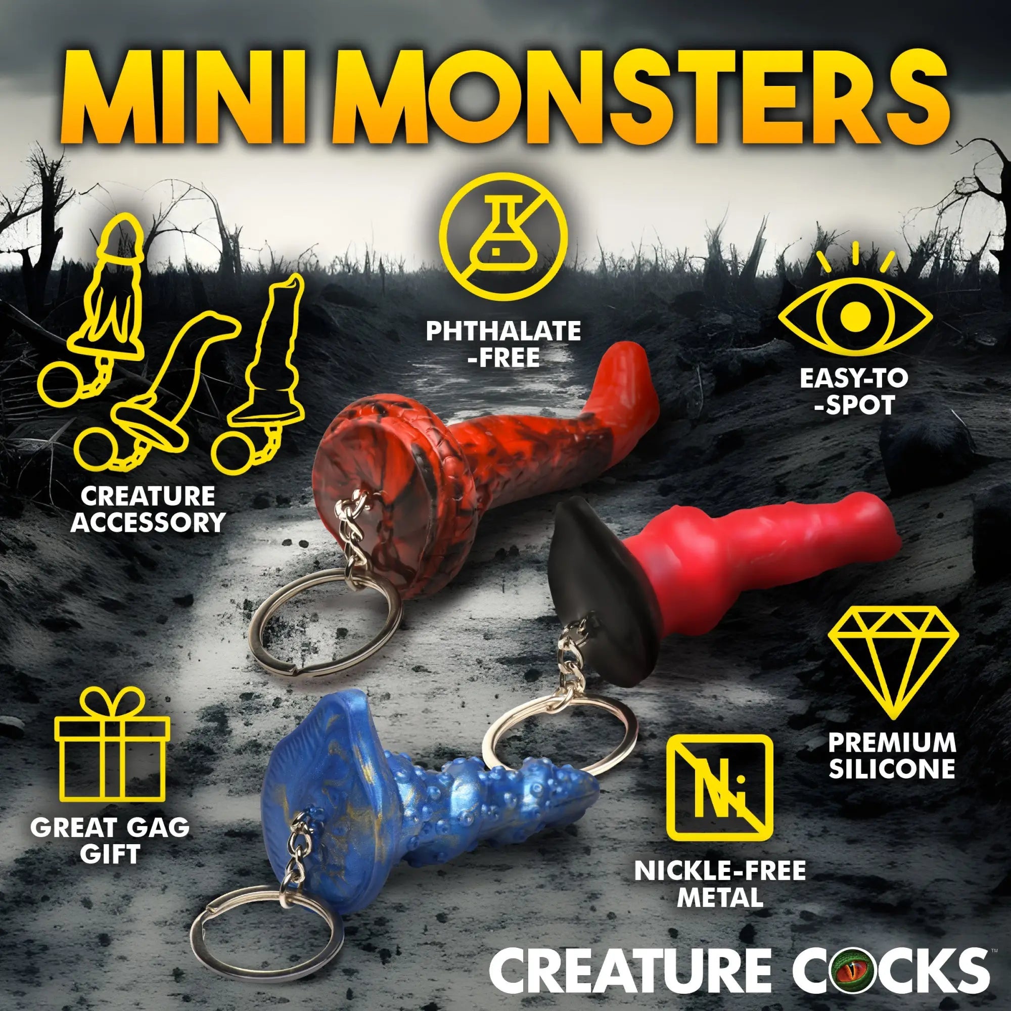 Creature Cocks keychain set featuring miniature Hell-Hound, Lord Kraken, and King Cobra designs in red and blue silicone.