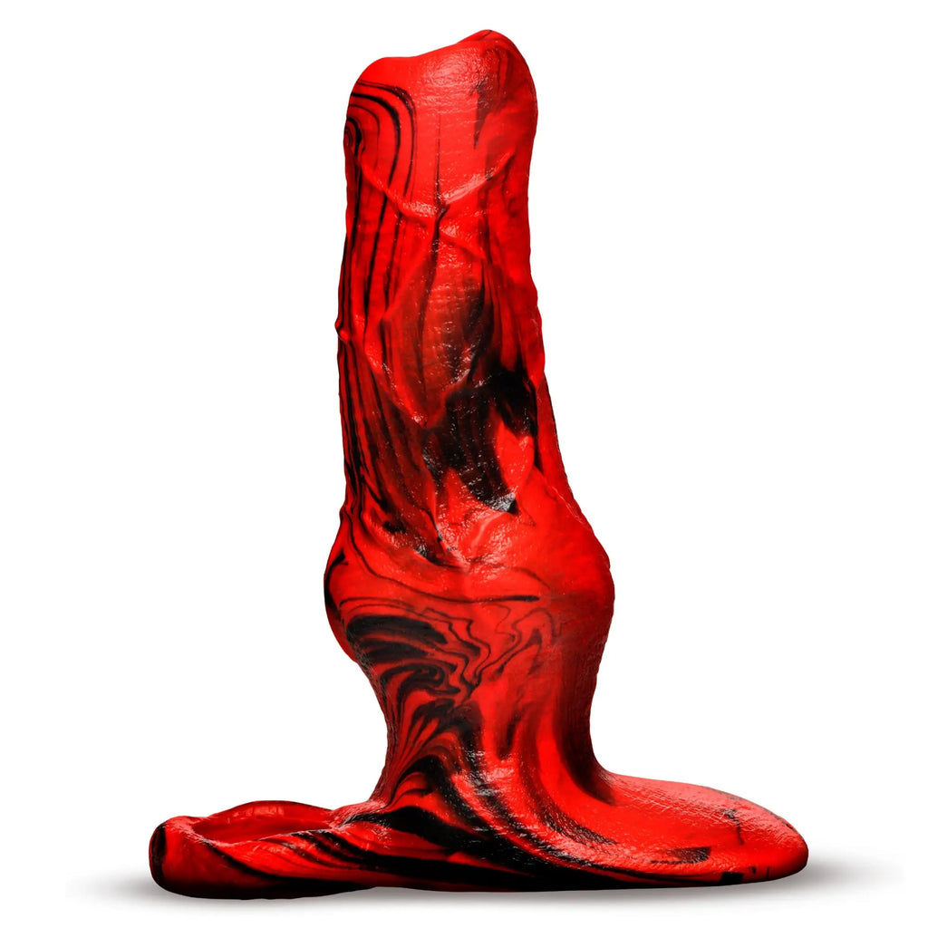 Creature Cocks Hell Hound silicone penis enhancer in a red and black marbled, textured, creature-inspired design.