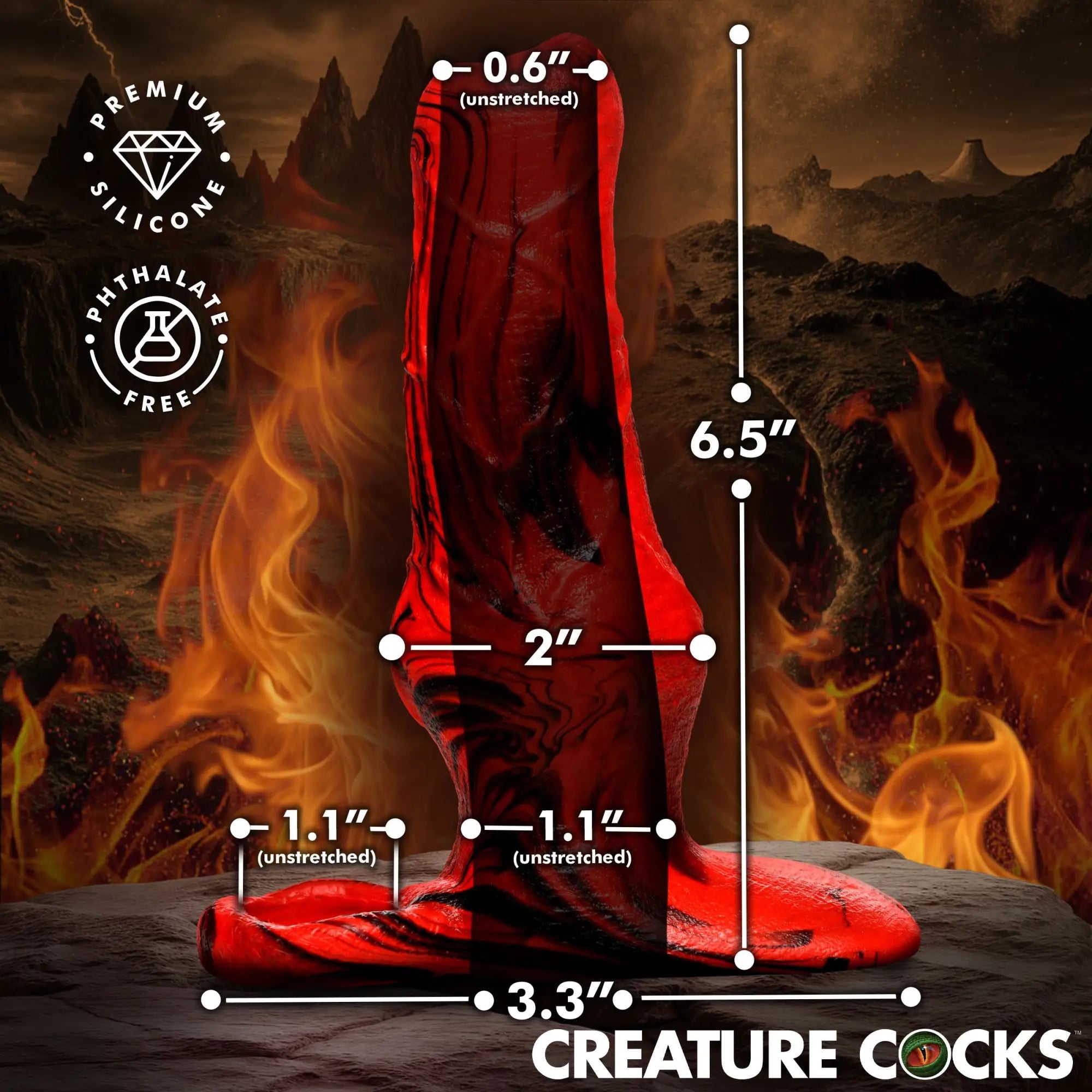 Creature Cocks Hell Hound red and black marbled silicone penis enhancer shown with labeled dimensions against a fire scene.