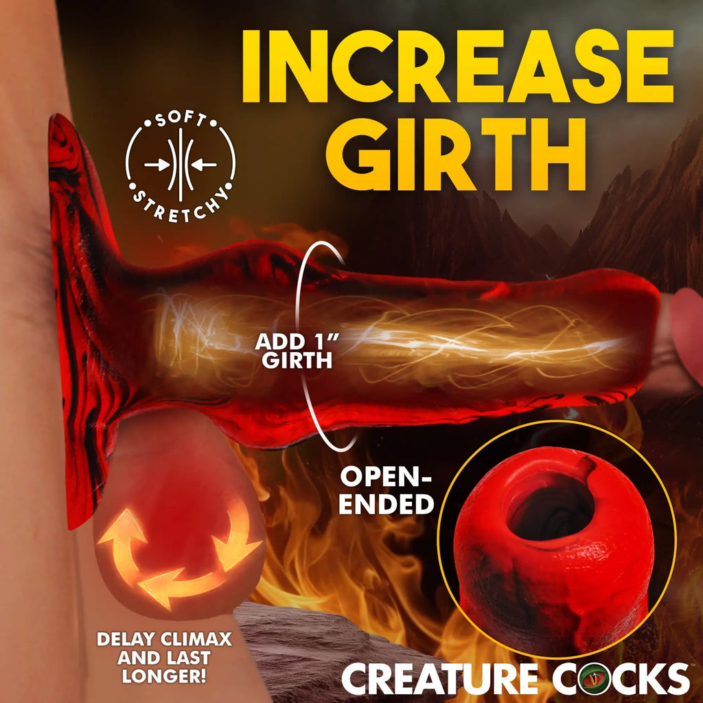 Creature Cocks Hell Hound red and black marble silicone penis enhancer shown with open-ended design and fiery graphics.