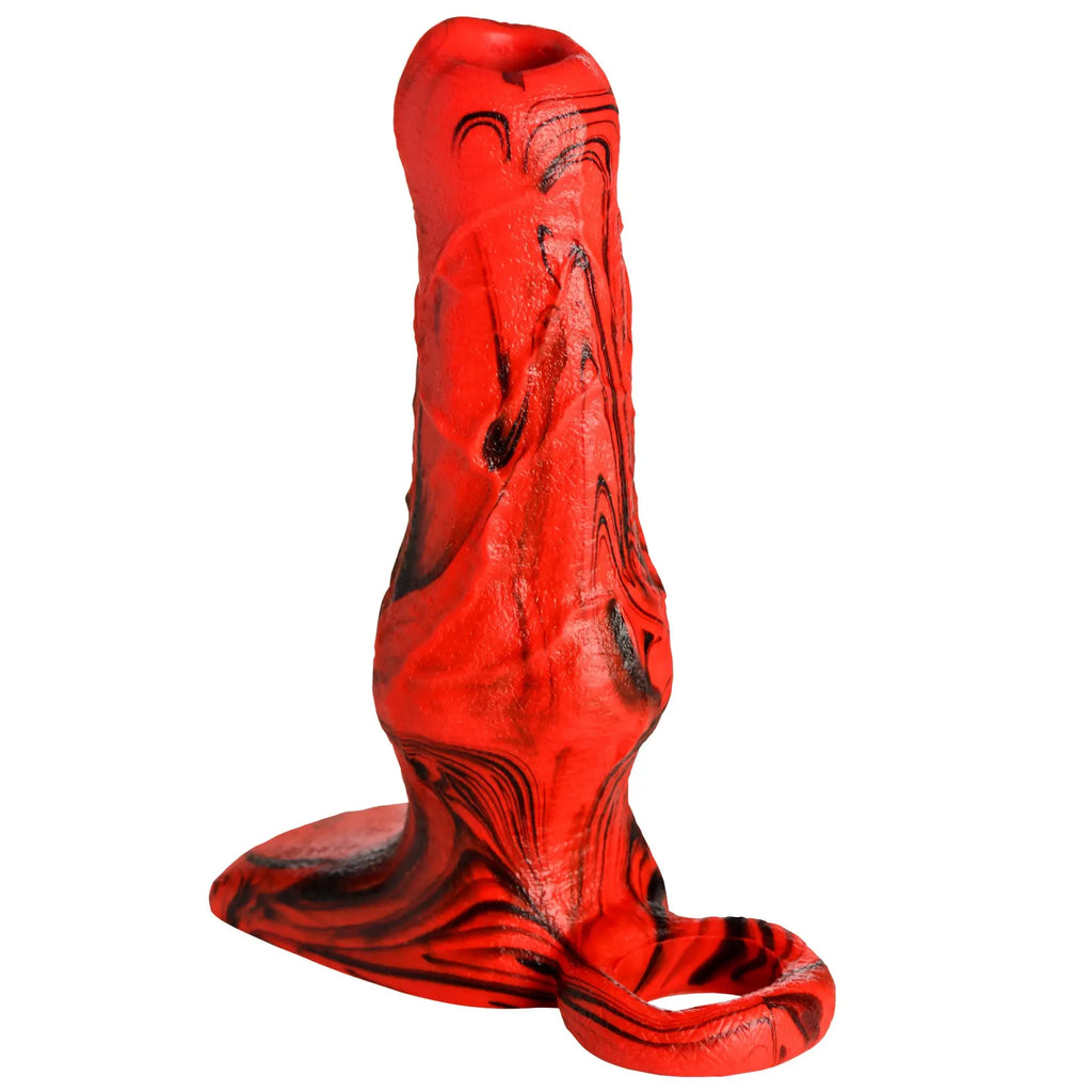 Creature Cocks Hell Hound silicone penis enhancer in red and black marbled swirl with a base ring, isolated on white.