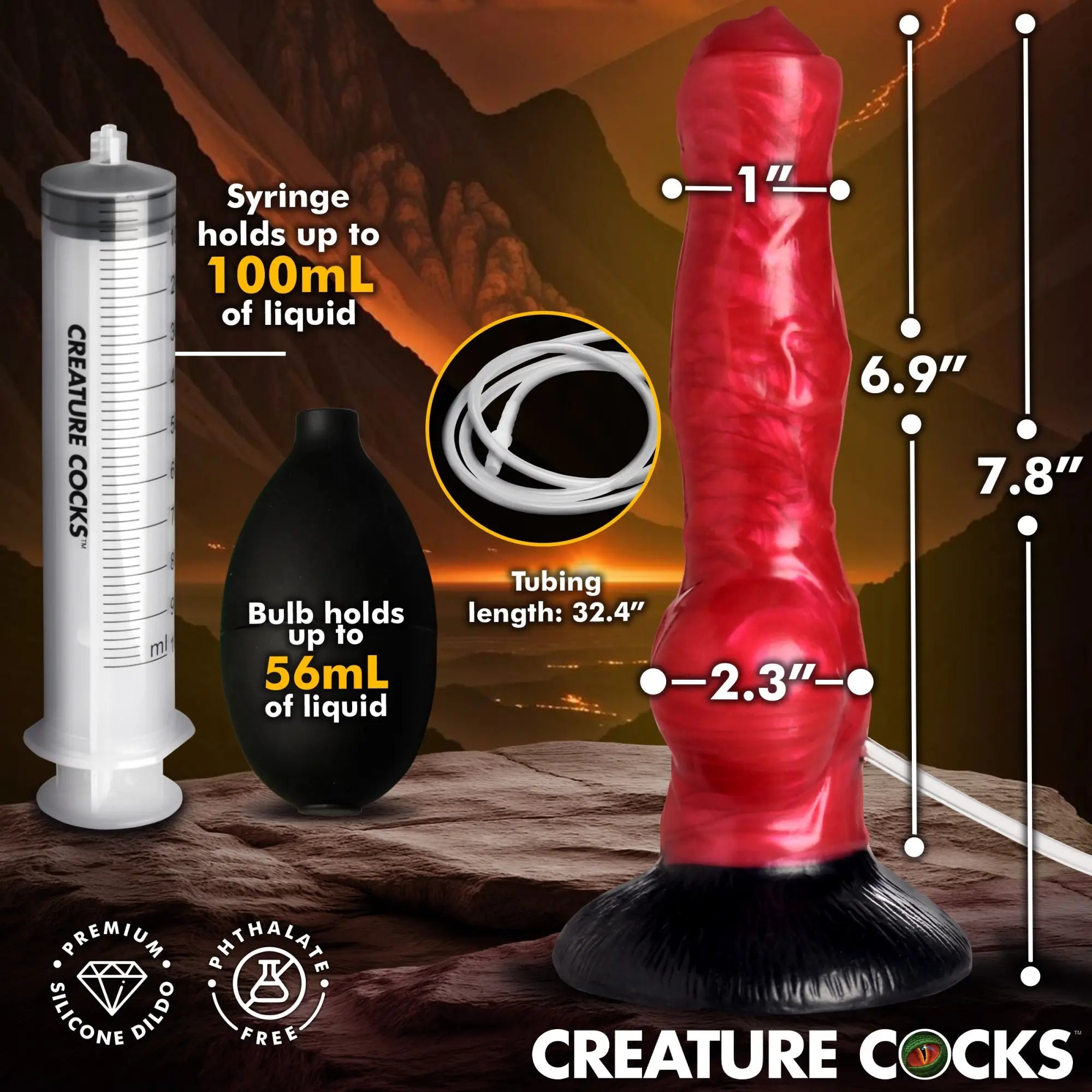 Creature Cocks Hell Hound red, textured squirting silicone dildo with included syringe, bulb, and tubing accessories.